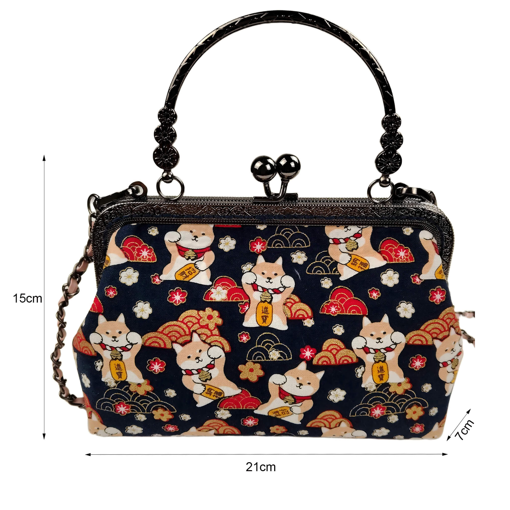 Size diagram of Acever B005 Lucky Shiba Inu top handle bag showing dimensions 21cm width 15cm height 7cm depth with front Shiba Inu print view and gunmetal kiss-lock frame on white background