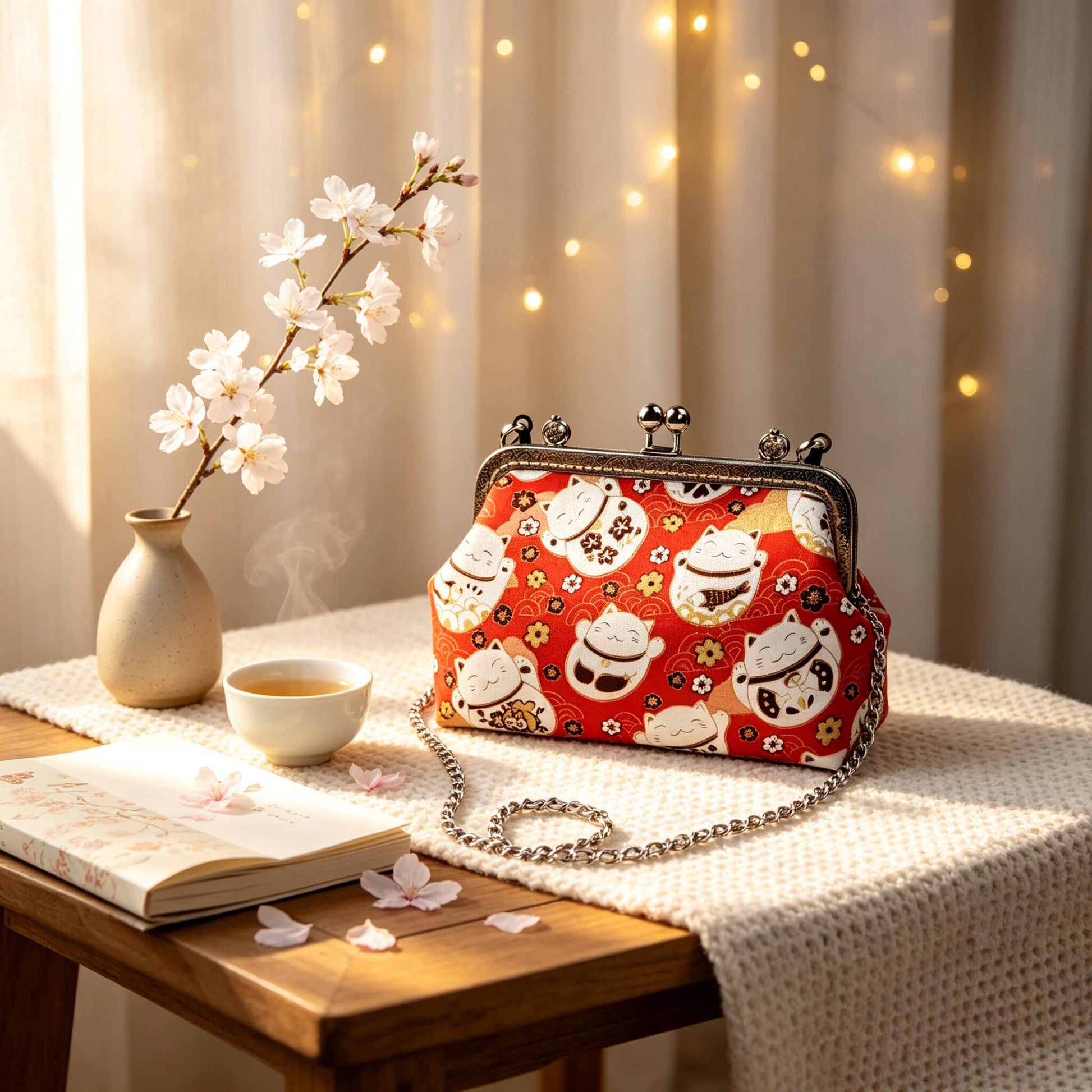 Acever B006 Lucky Cat Maneki-Neko top handle bag lifestyle shot on wooden table beside white ceramic vase with cherry blossom branch and tea cup in warm fairy light bokeh showing front view with gunmetal double kiss-lock frame and flat-link chain crossbody strap