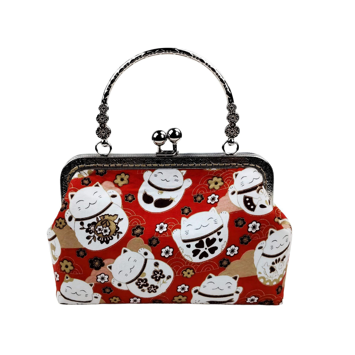 Acever B006 Lucky Cat Maneki-Neko kiss-lock top handle bag main product shot showing vivid red base with large white lucky cats in various poses gold koban coins plum blossoms seigaiha waves and gunmetal ornate engraved frame with double twin ball clasp and flat-link chain crossbody strap on white background
