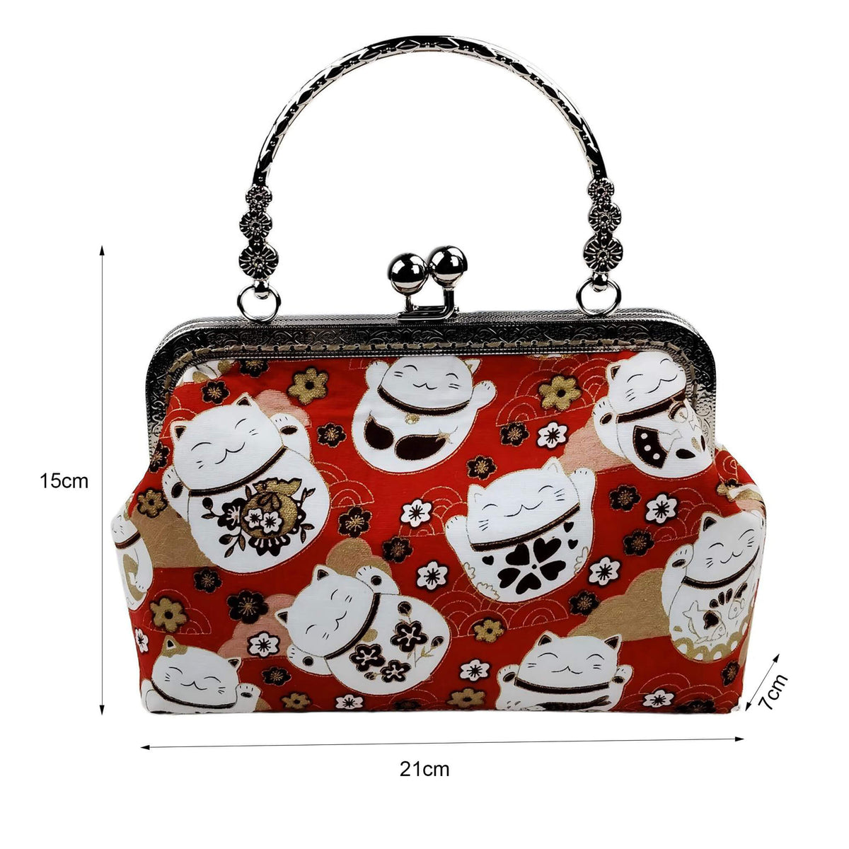 Size diagram of Acever B006 Lucky Cat Maneki-Neko top handle bag showing dimensions 21cm width 15cm height 7cm depth with front lucky cat print view and gunmetal double kiss-lock frame on white background