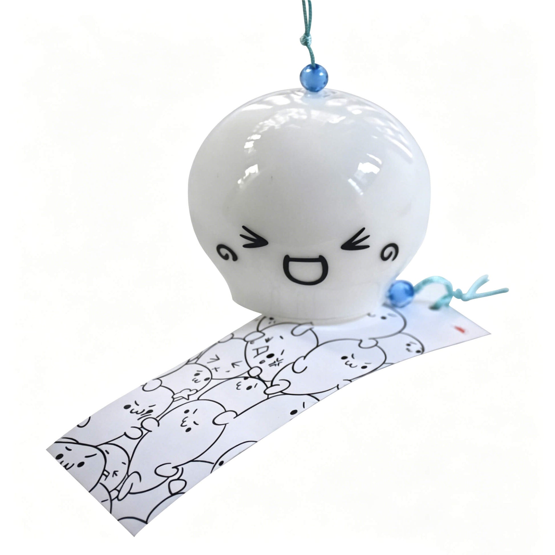 Front view of Acever Japanese furin glass wind chime X03 with happy kawaii face and green botanical paper strip