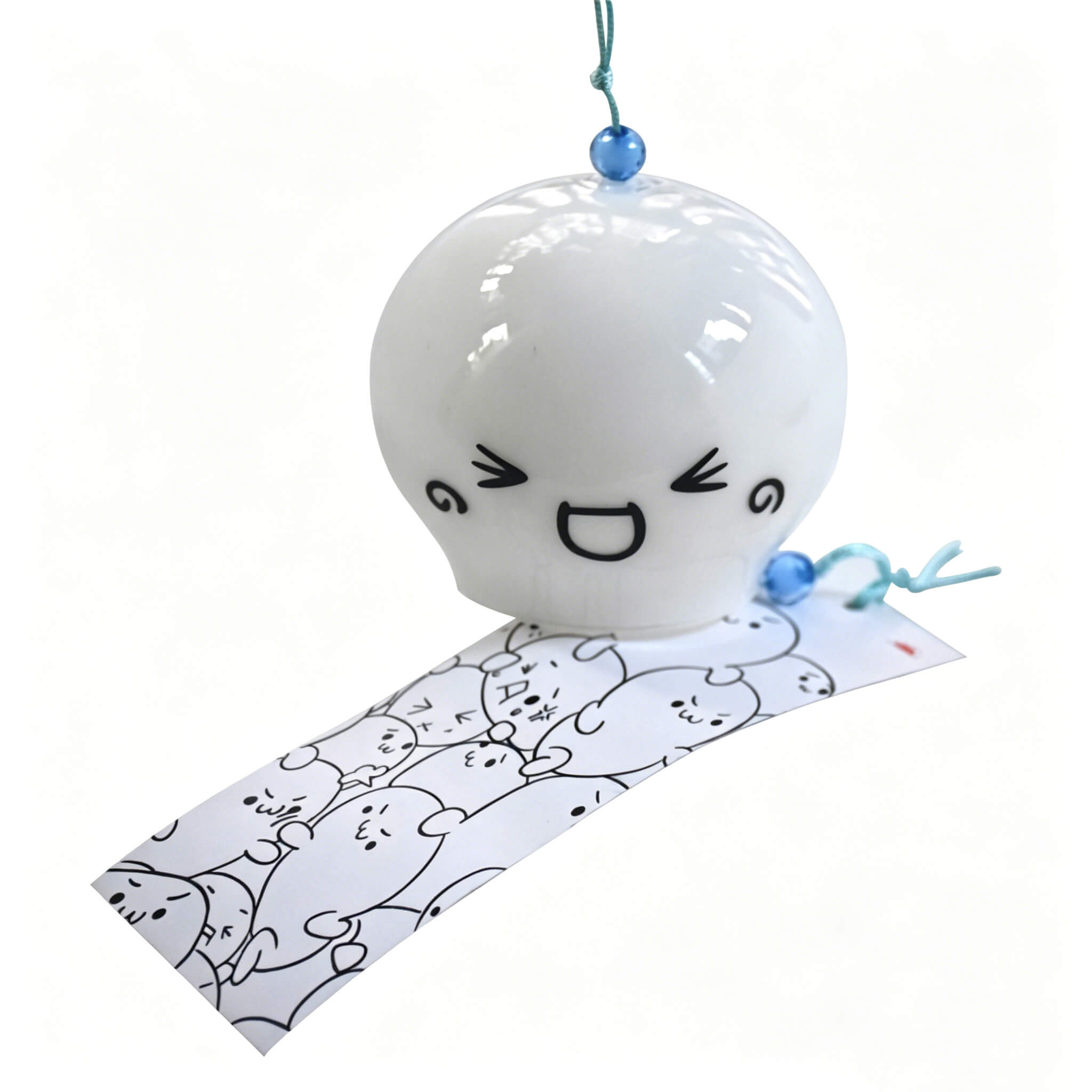 Front view of Acever Japanese furin glass wind chime X03 with happy kawaii face and green botanical paper strip