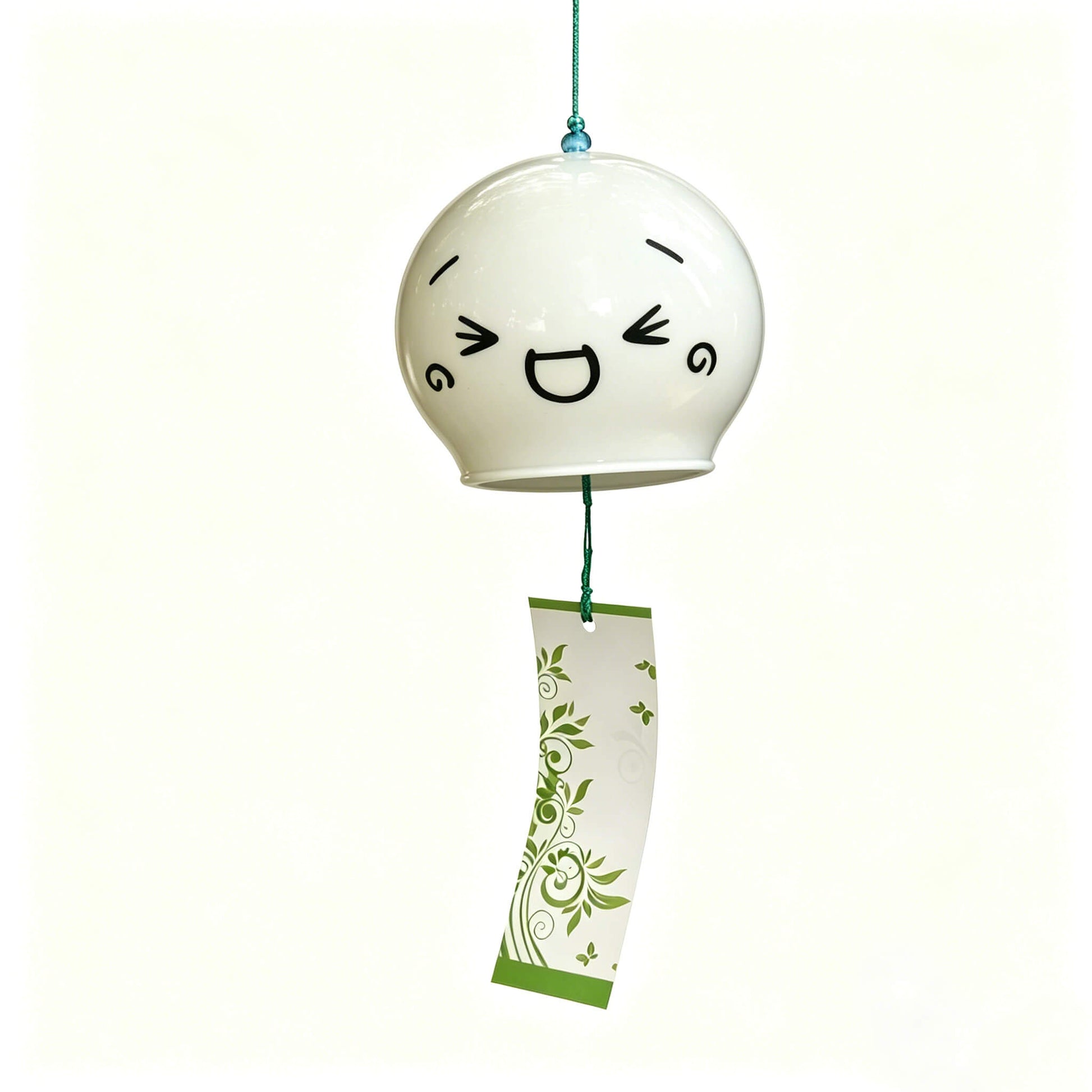 Main product shot of Acever Japanese furin glass wind chime X03 hanging against white background with kawaii face and paper strip