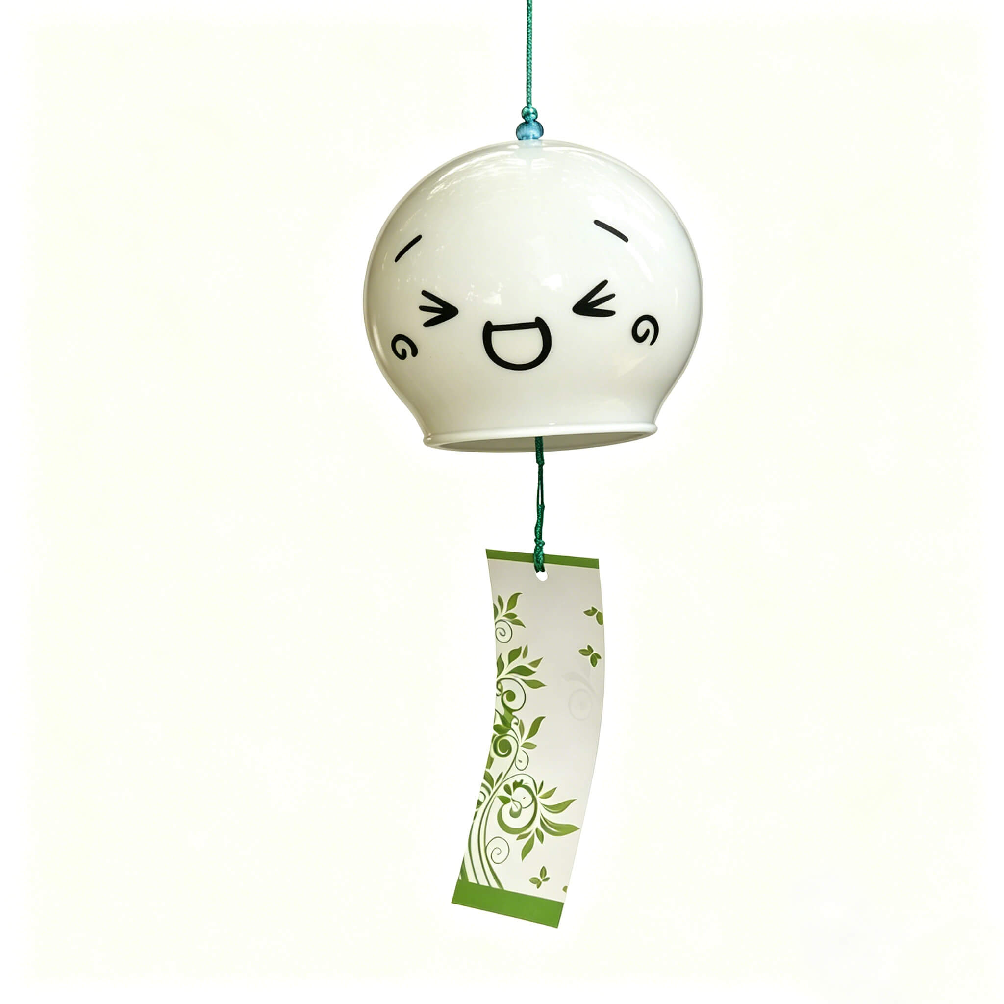 Main product shot of Acever Japanese furin glass wind chime X03 hanging against white background with kawaii face and paper strip