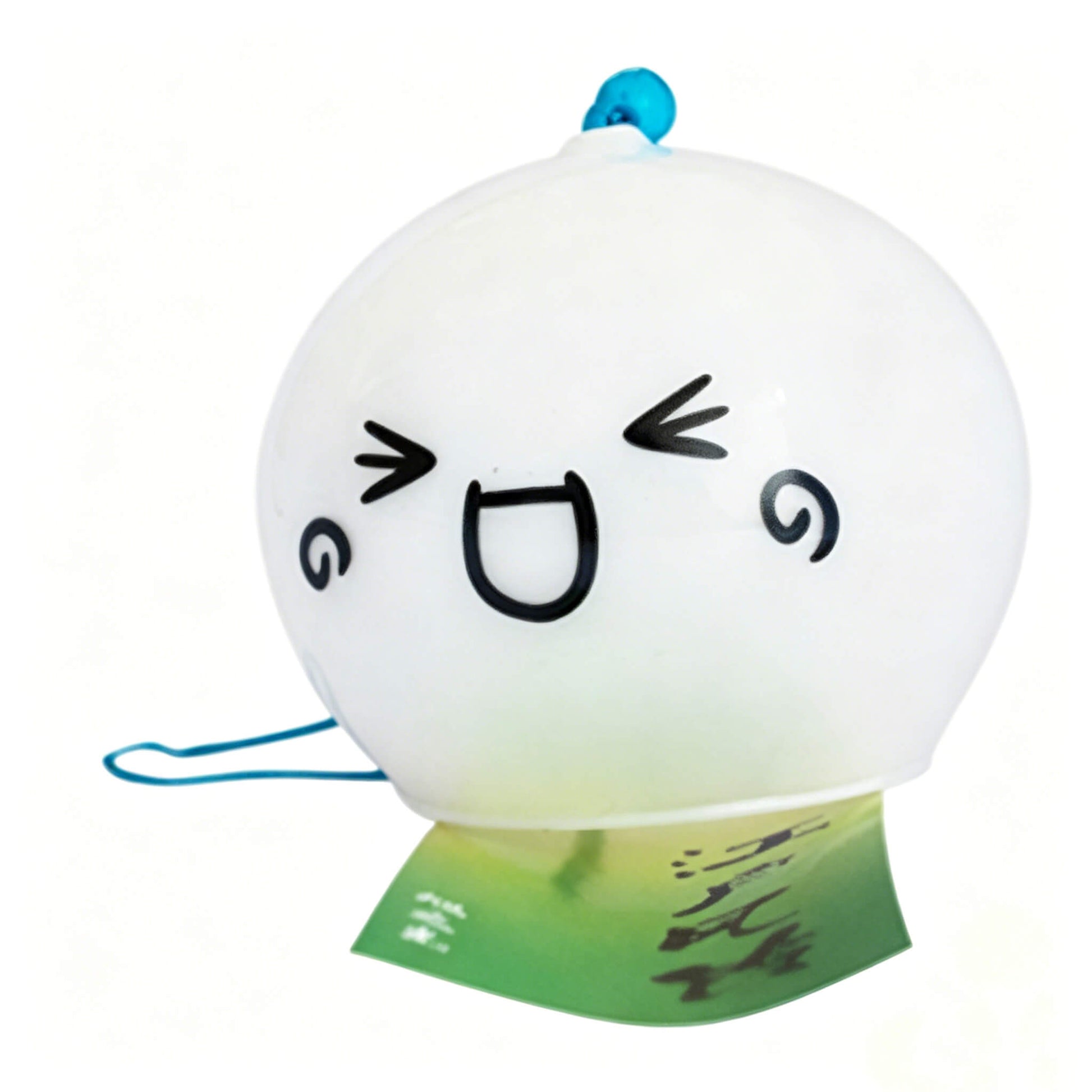 Side view of Acever kawaii glass wind chime X03 showing round white globe with green botanical wind tag