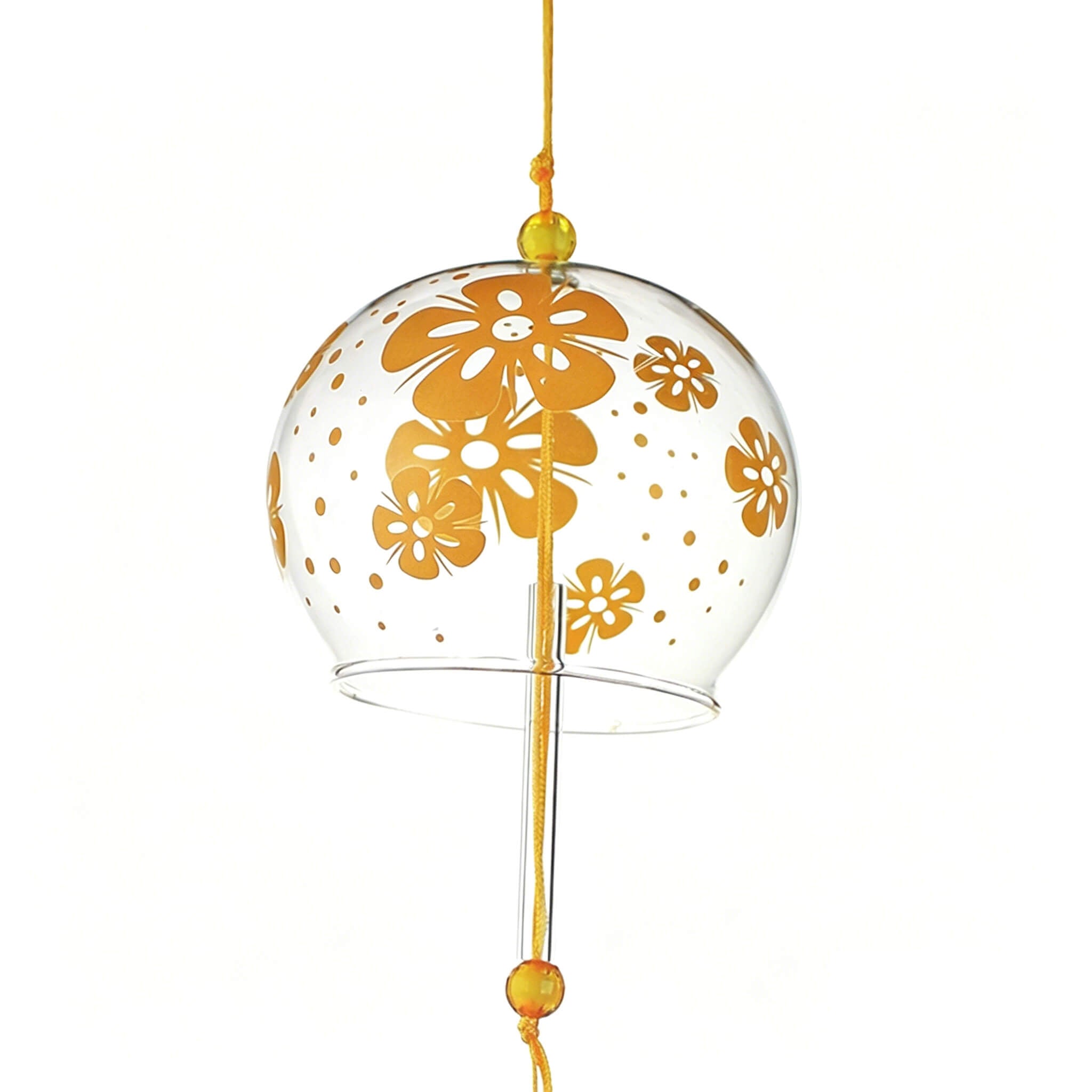 Close-up detail of Acever golden flower blossom glass wind chime X04 showing orange floral pattern on clear globe with yellow cord