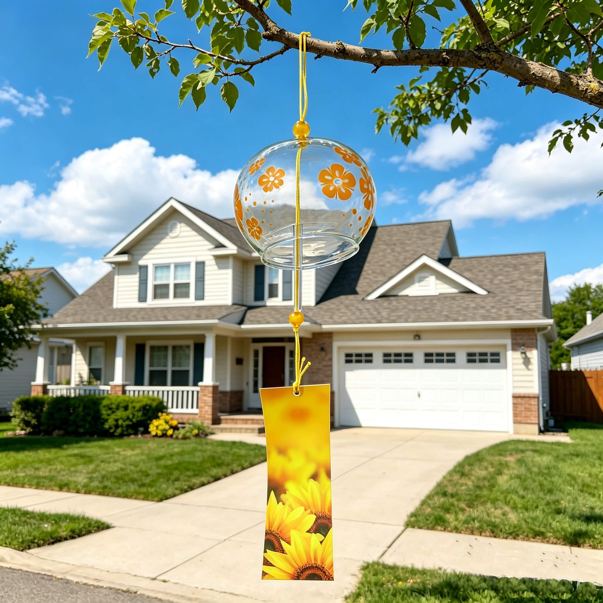 Acever golden flower glass wind chime X04 hanging from a tree branch outdoors in summer with sunflower paper strip