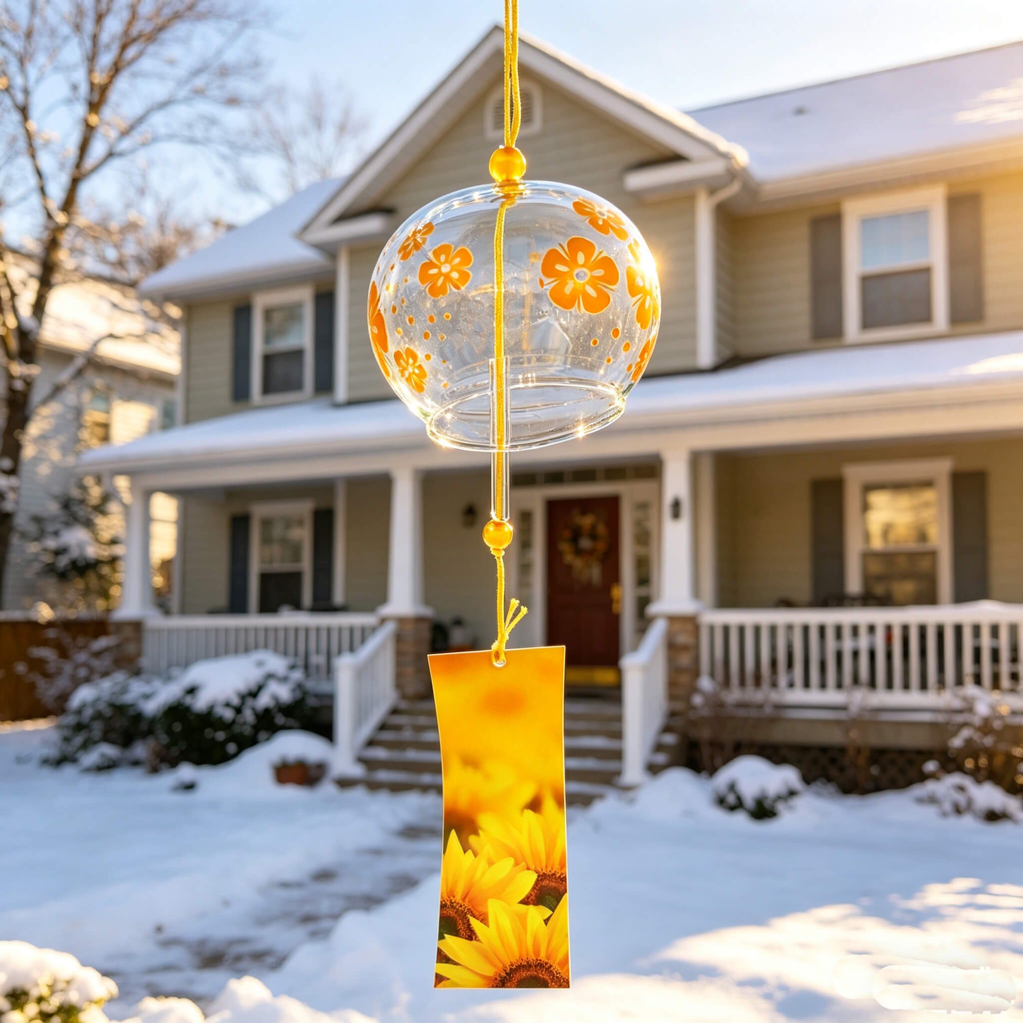 Acever golden flower glass wind chime X04 hanging outdoors in winter snow scene with sunflower paper strip swaying
