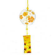 Main product shot of Acever Japanese furin glass wind chime X04 with golden flower design and sunflower paper strip on white background