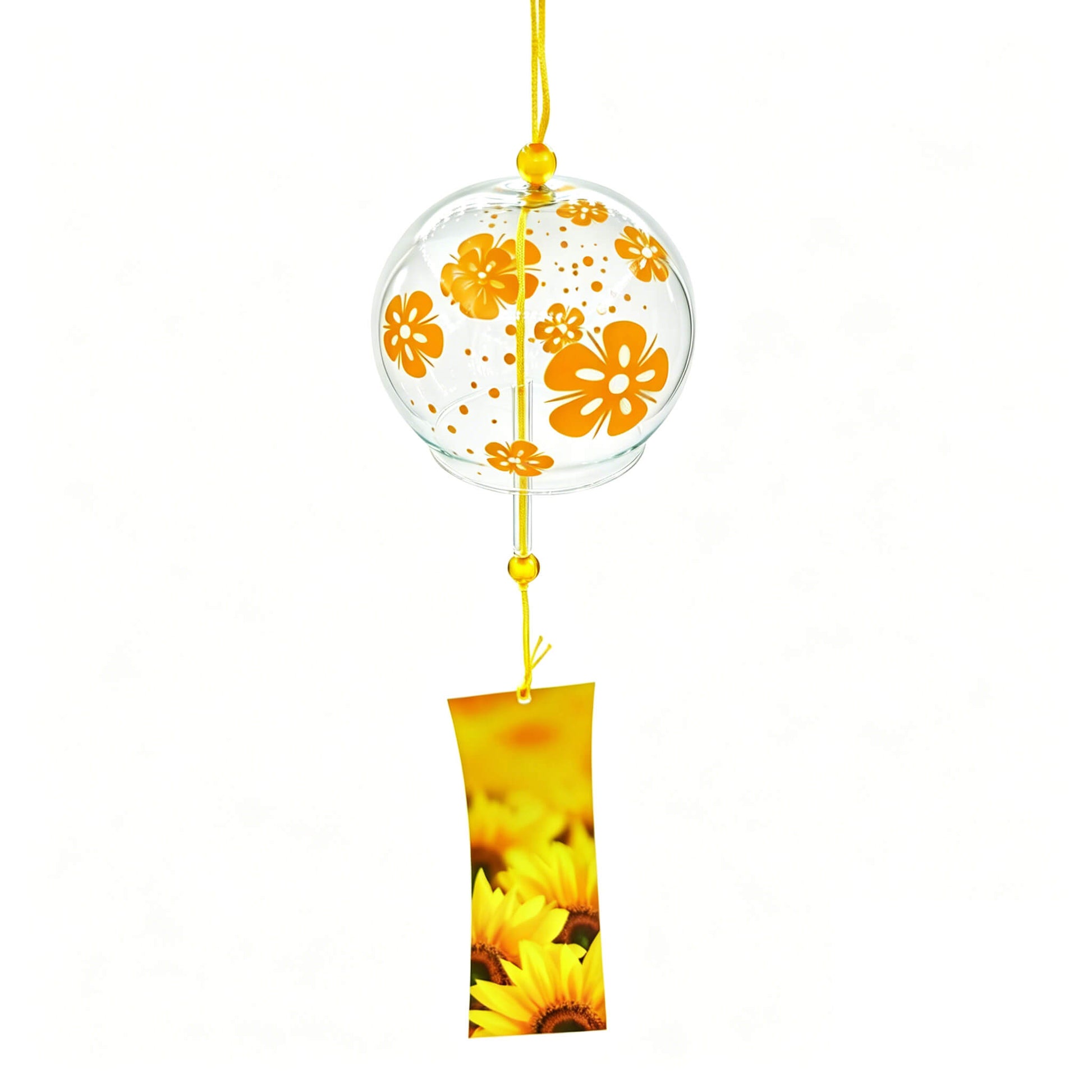 Main product shot of Acever Japanese furin glass wind chime X04 with golden flower design and sunflower paper strip on white background