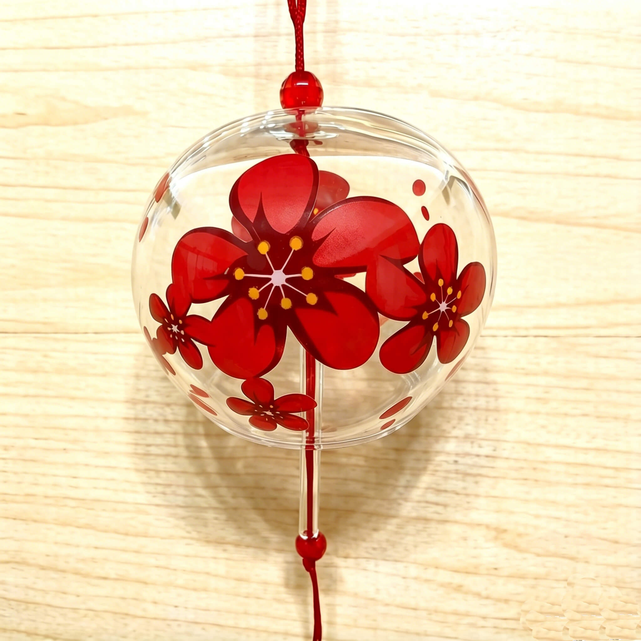 Detail shot of Acever red sakura glass wind chime X05 showing flat-edge clear globe with bold red cherry blossom pattern and pink paper strip