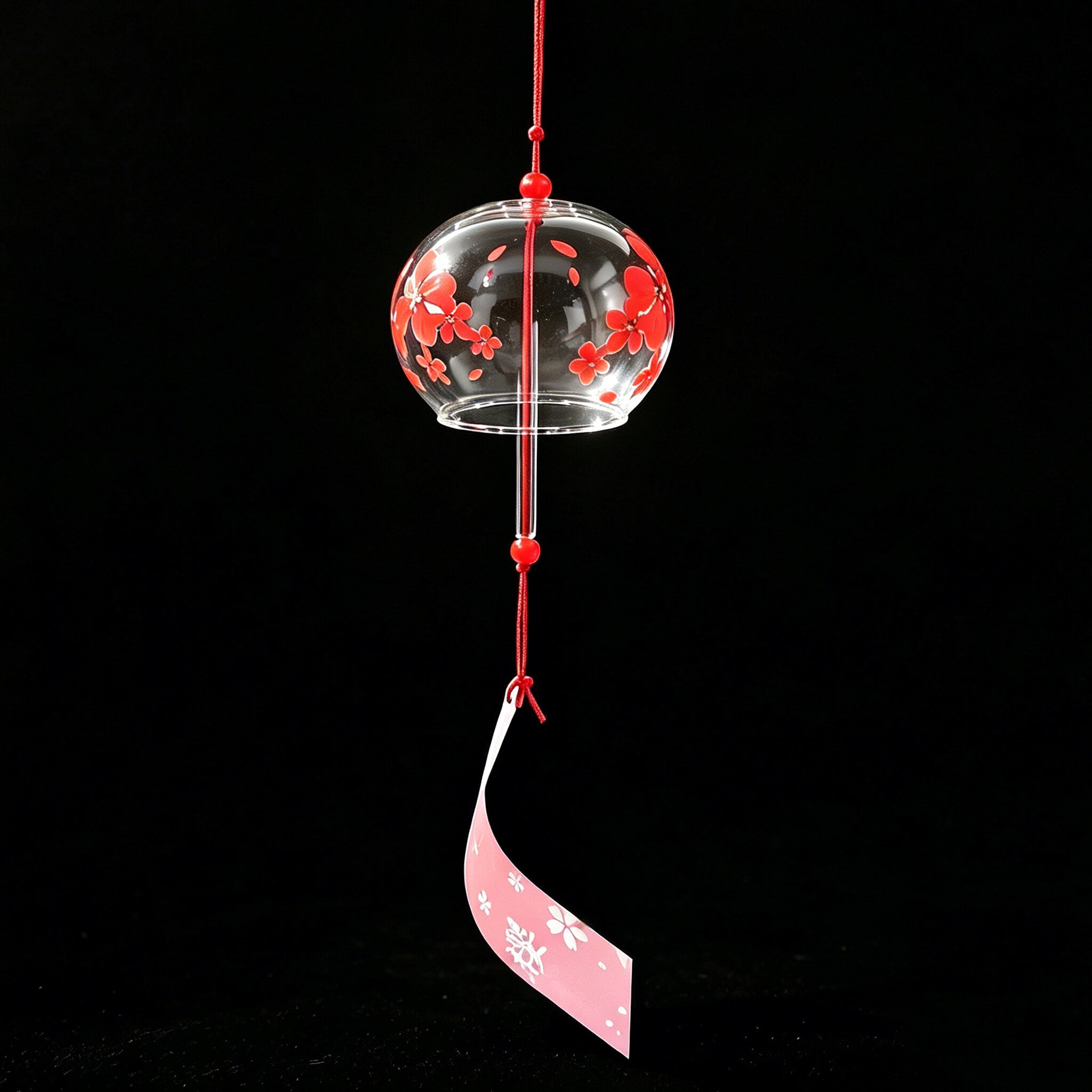 Acever red sakura glass wind chime X05 hanging with light shining on it with black background
