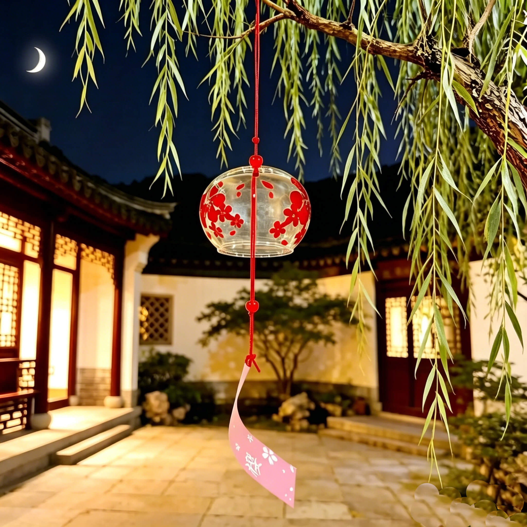 Acever red sakura glass wind chime X05 hanging from a willow tree branch at night with traditional Chinese courtyard in background