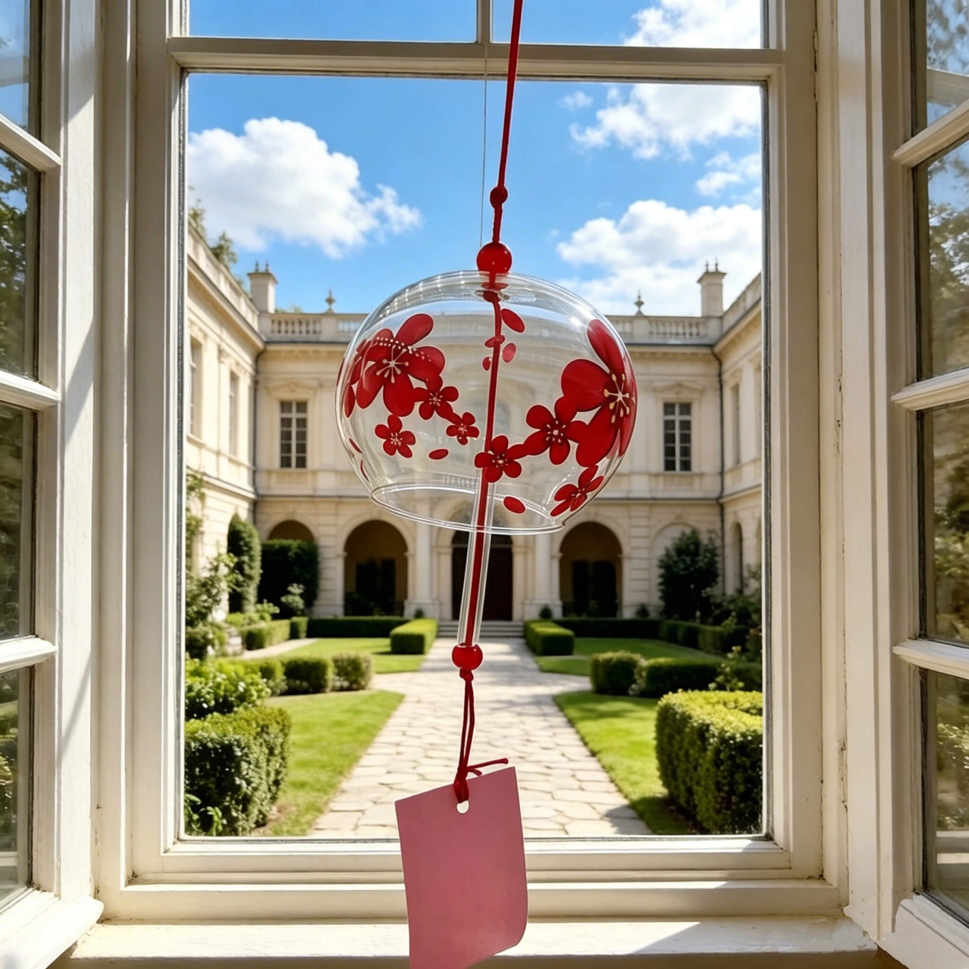 Acever red sakura glass wind chime X05 hanging in an open window with garden view showing clear globe and pink sakura paper strip