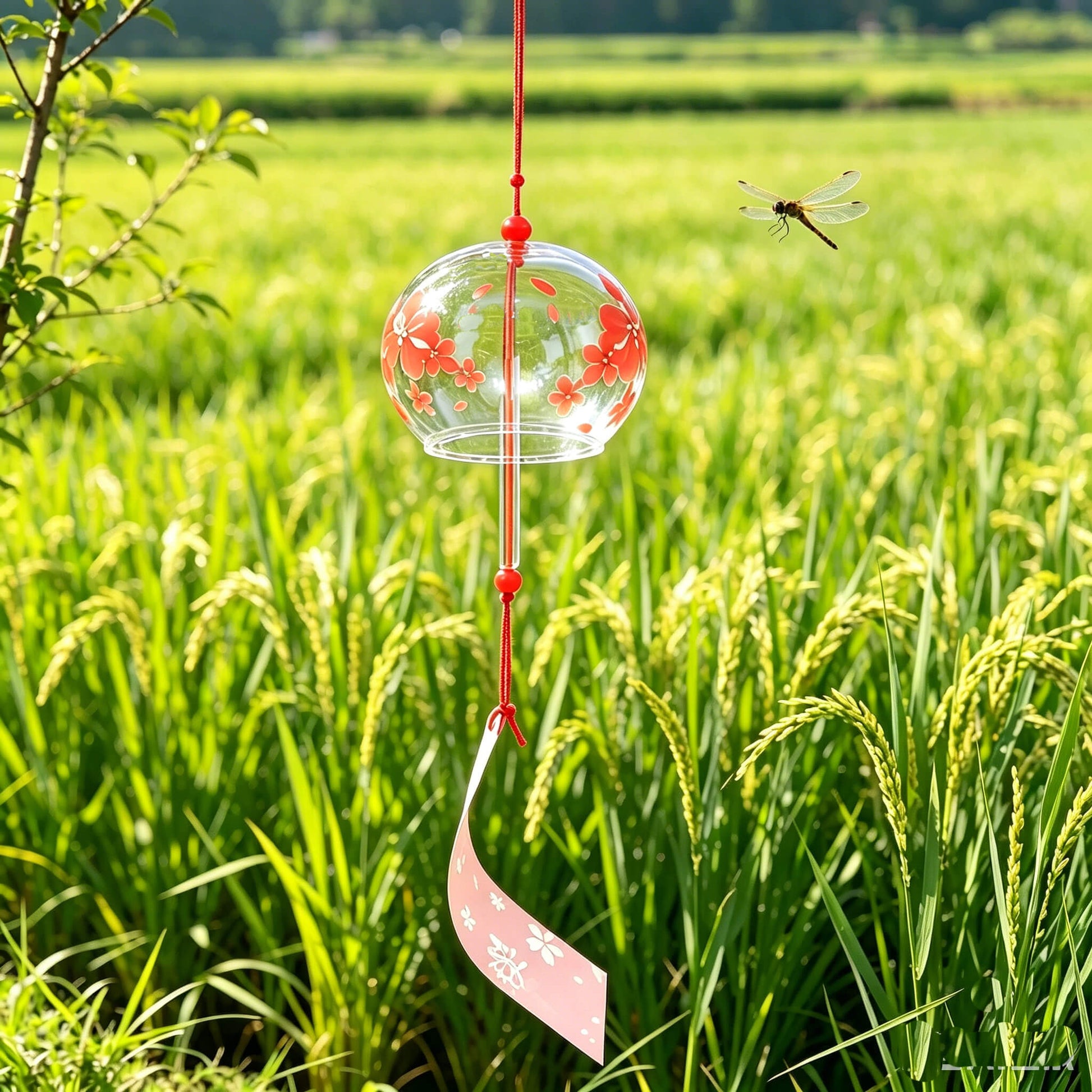 Acever red sakura glass wind chime X05 hanging outdoors in a green rice field with dragonfly, showing full length with pink paper strip