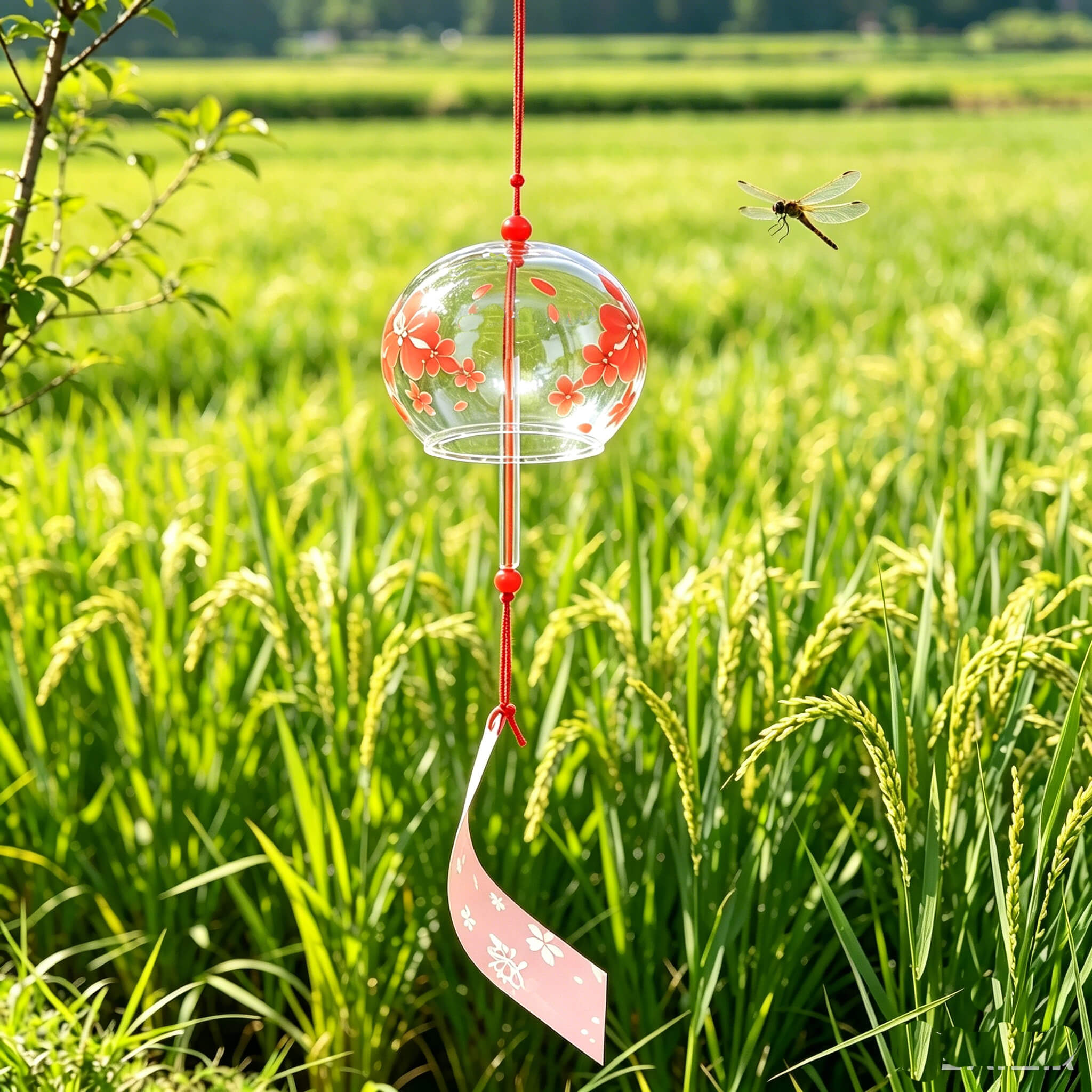 Acever red sakura glass wind chime X05 hanging outdoors in a green rice field with dragonfly, showing full length with pink paper strip