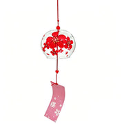 Main product shot of Acever Japanese furin glass wind chime X05 with red sakura blossoms on clear flat-edge globe and pink paper strip