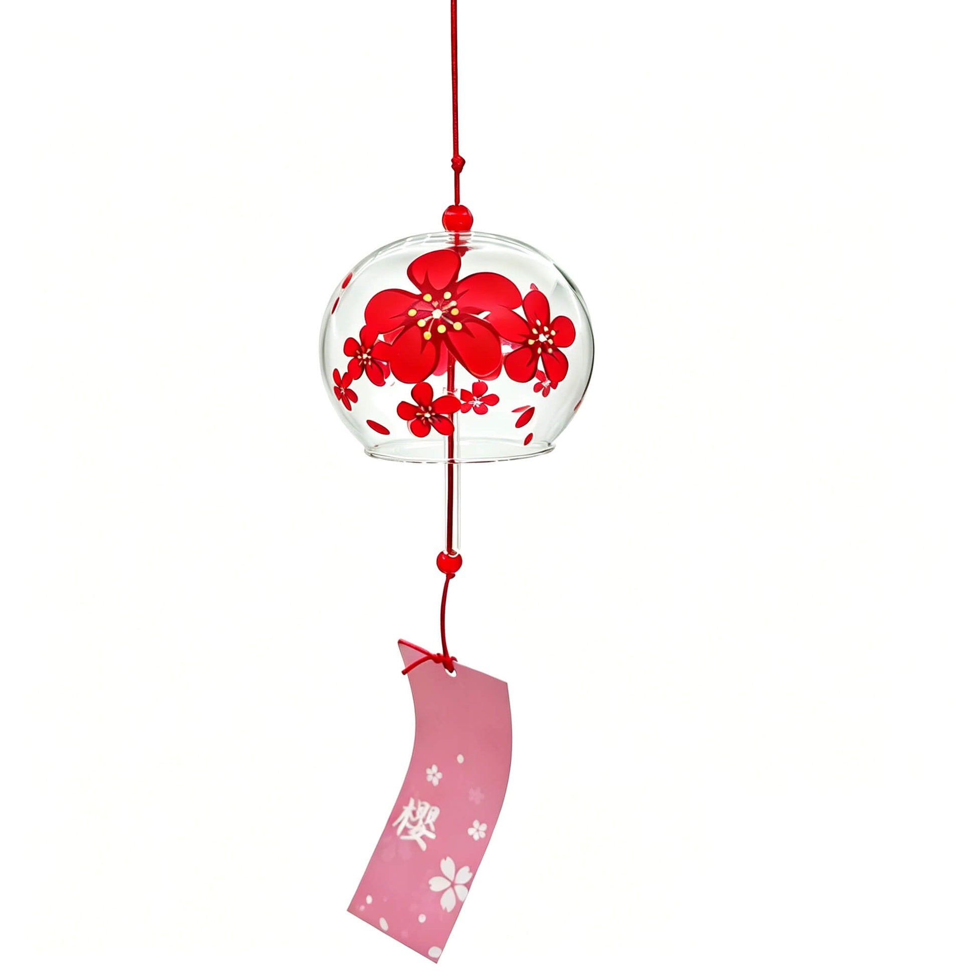 Main product shot of Acever Japanese furin glass wind chime X05 with red sakura blossoms on clear flat-edge globe and pink paper strip