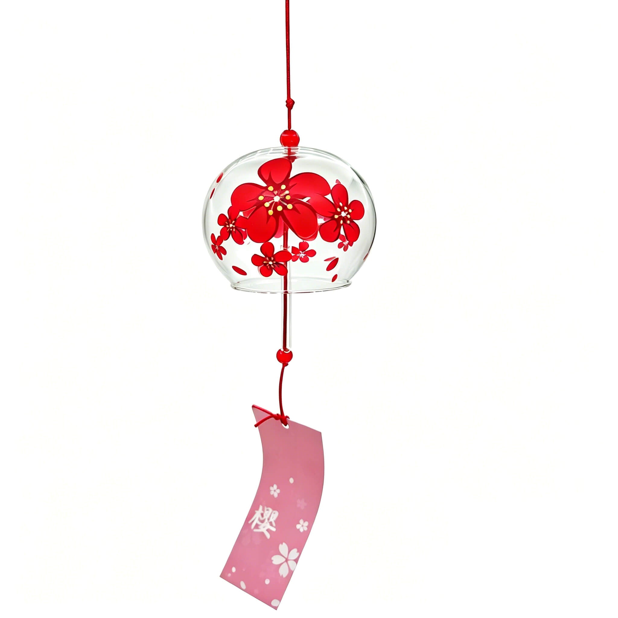 Main product shot of Acever Japanese furin glass wind chime X05 with red sakura blossoms on clear flat-edge globe and pink paper strip