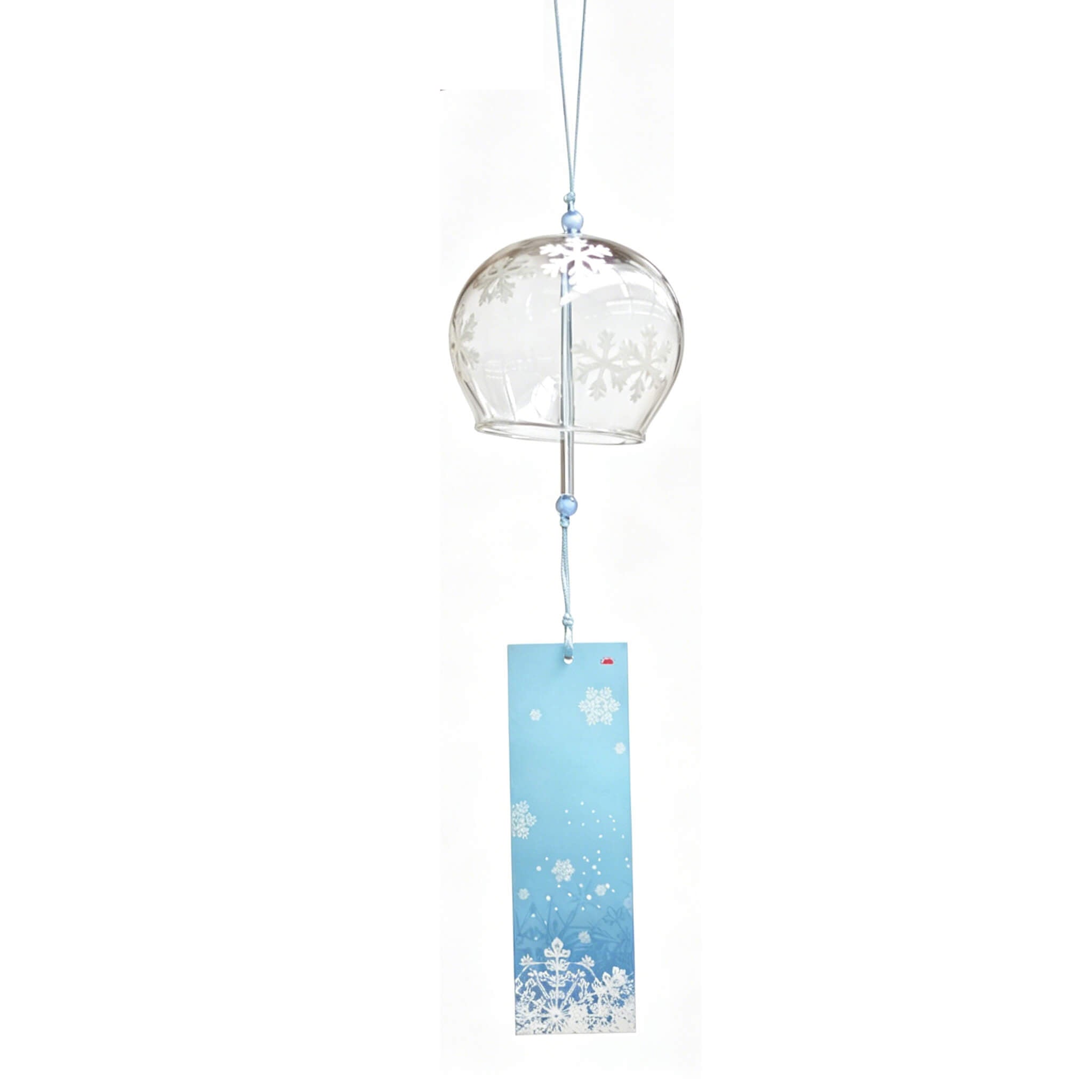 Main product shot of Acever Japanese furin glass wind chime X07 with white snowflake design on clear flat-rim globe and blue snowflake paper strip on white background