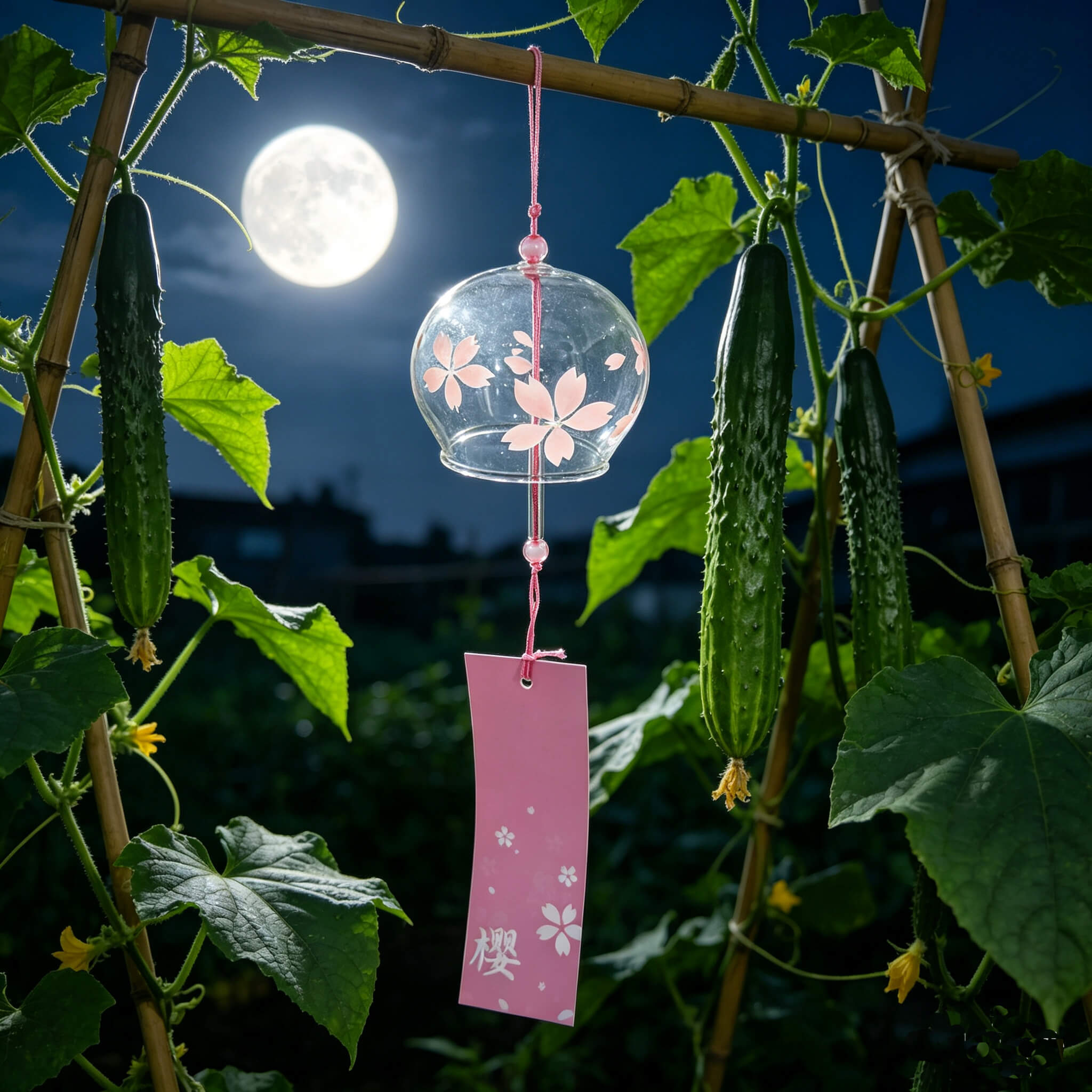 Acever pink sakura glass wind chime X09 hanging outdoors at night under full moon among cucumber vines with pink sakura paper strip