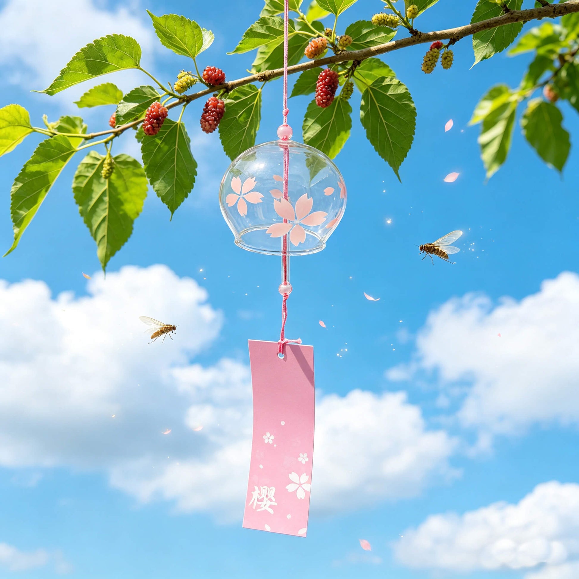 Acever pink sakura glass wind chime X09 hanging from mulberry tree branch against blue sky with scattered sakura petals and pink paper strip