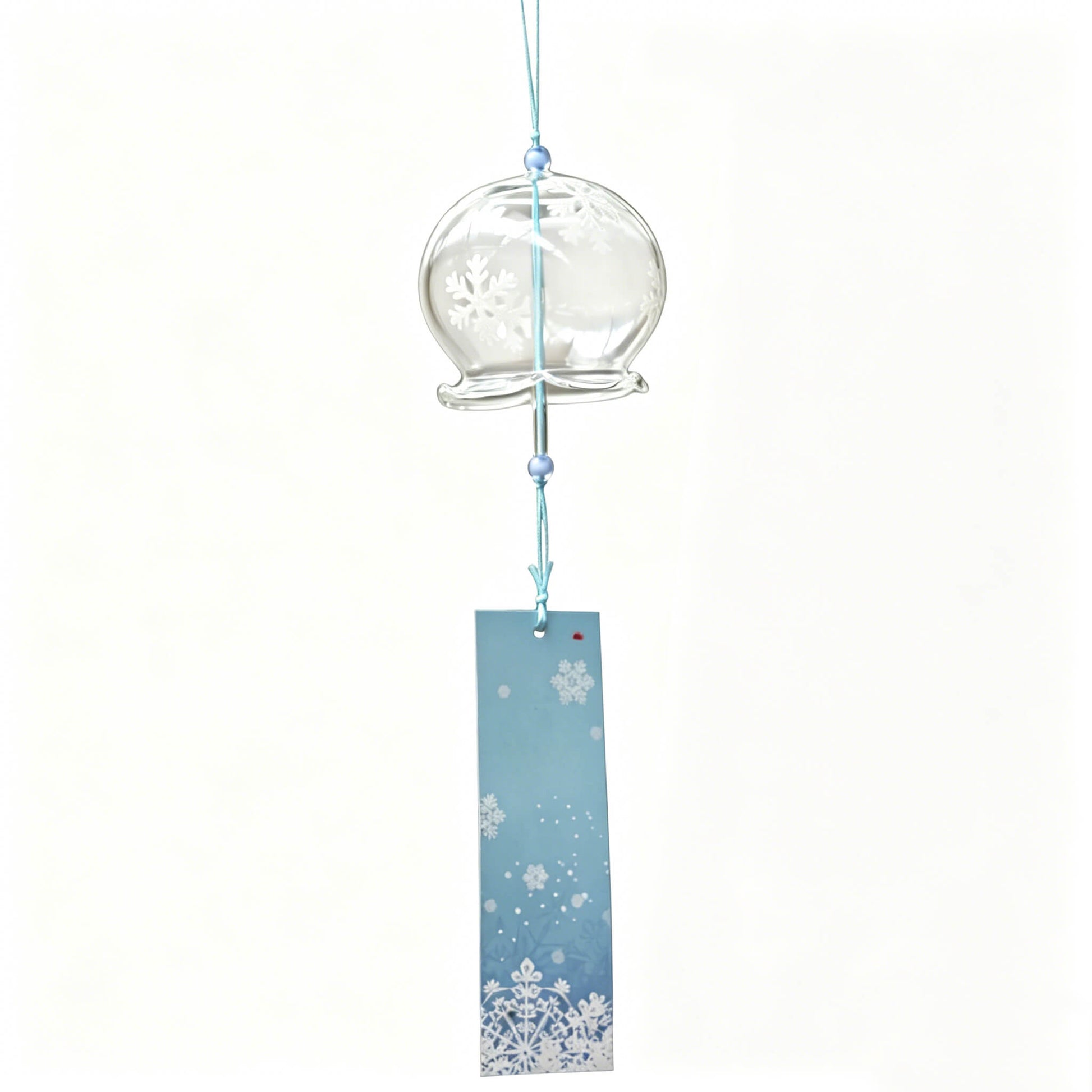 Main product shot of Acever Japanese furin glass wind chime X10 with white snowflake waved-rim globe and blue snowflake paper strip on white background