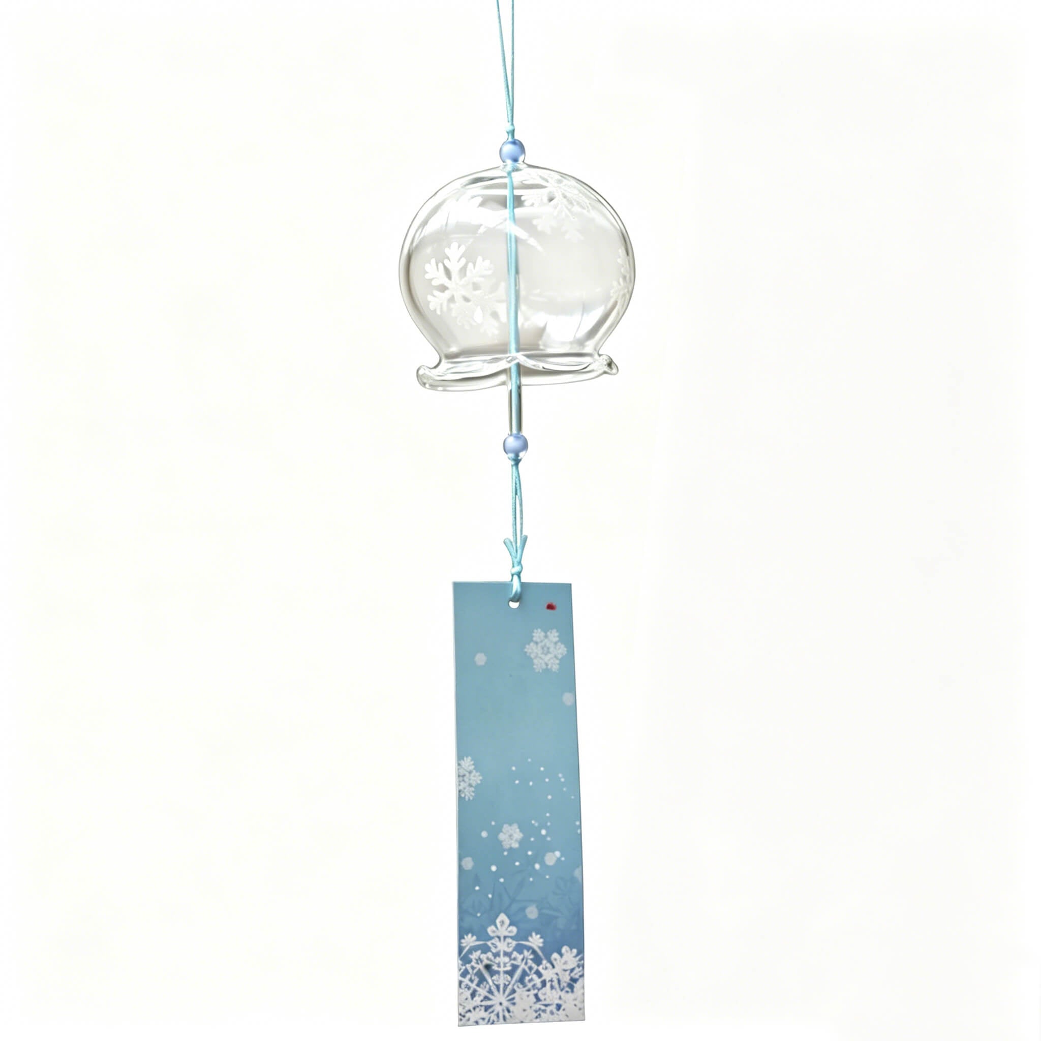 Main product shot of Acever Japanese furin glass wind chime X10 with white snowflake waved-rim globe and blue snowflake paper strip on white background