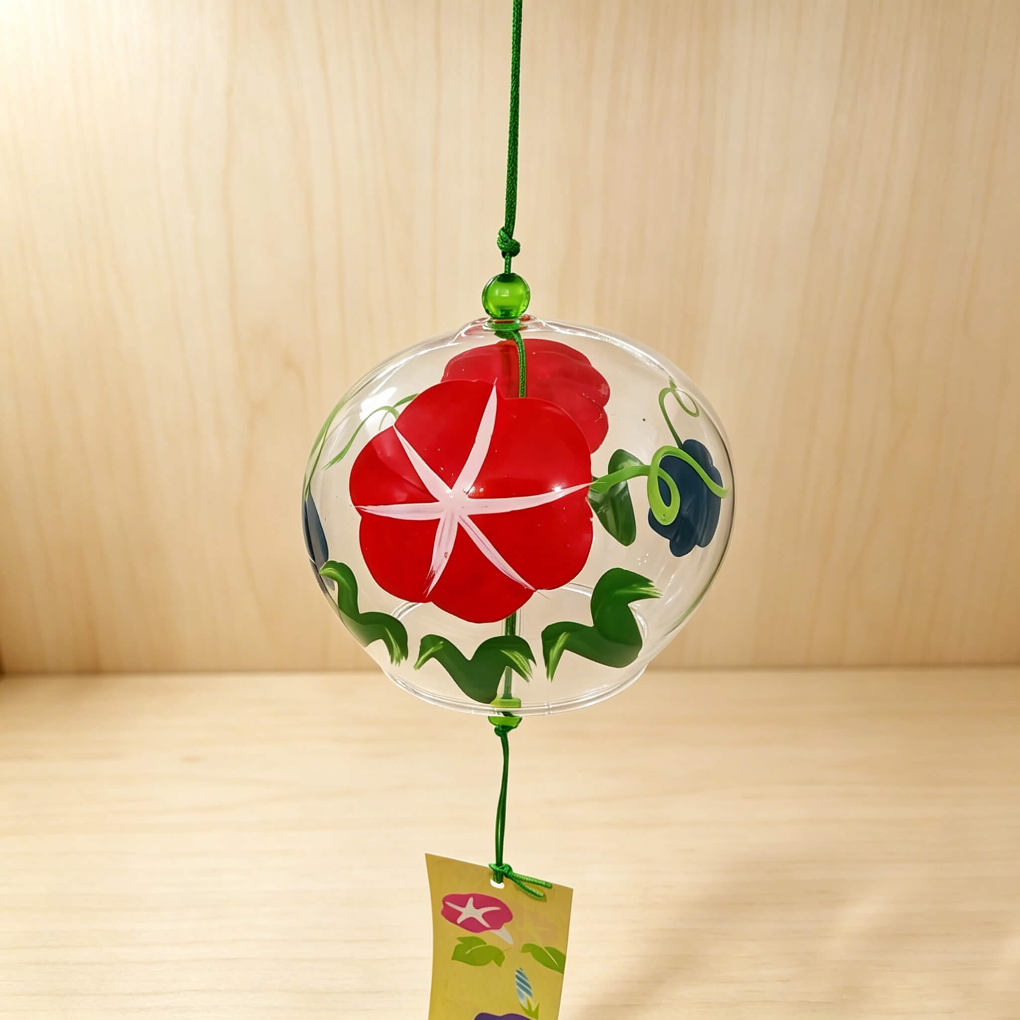 Acever morning glory glass wind chime X11 hanging from wooden beam showing red and blue asagao on clear globe