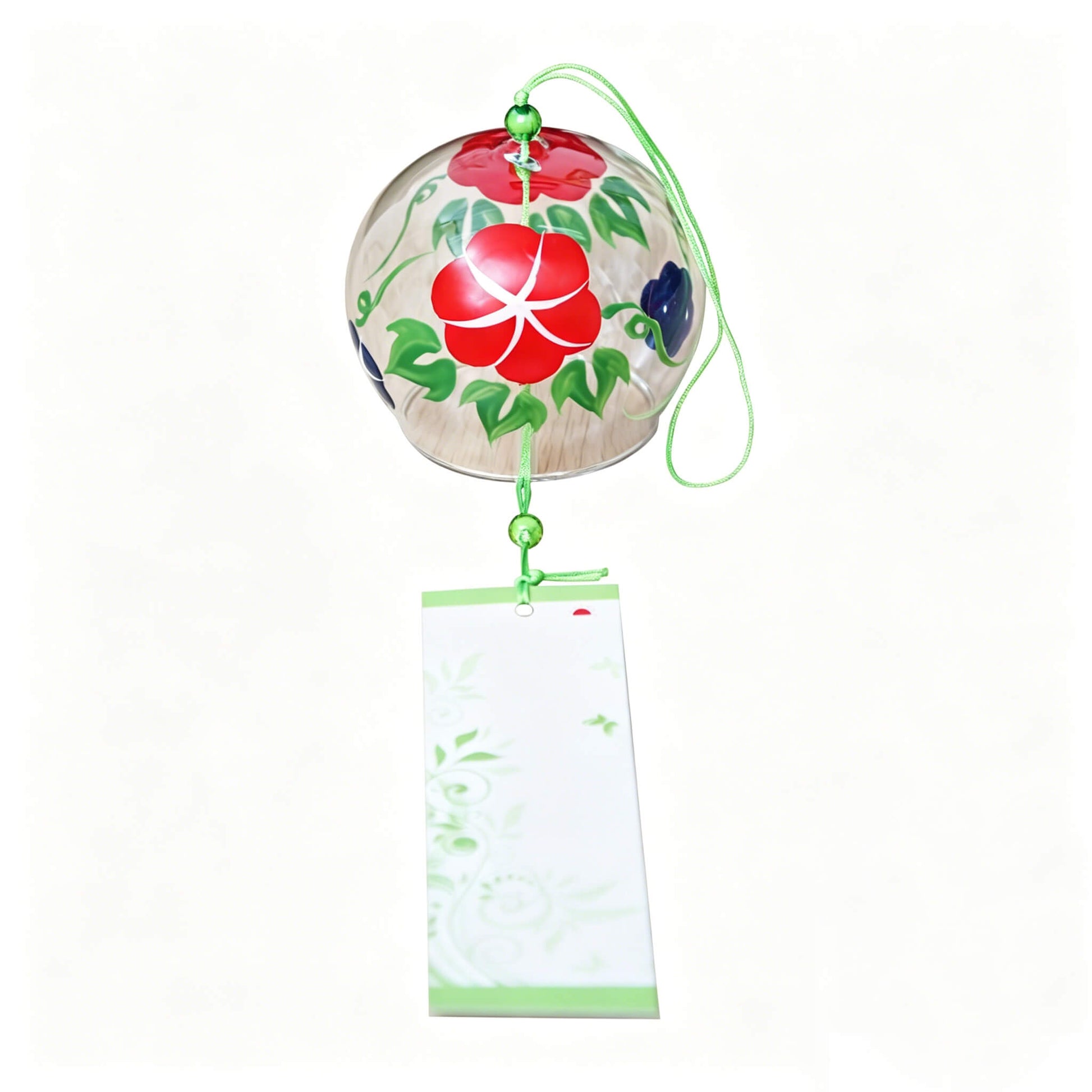 Front view of Acever morning glory glass wind chime X11 on white background showing red asagao blossom and cream morning glory paper strip