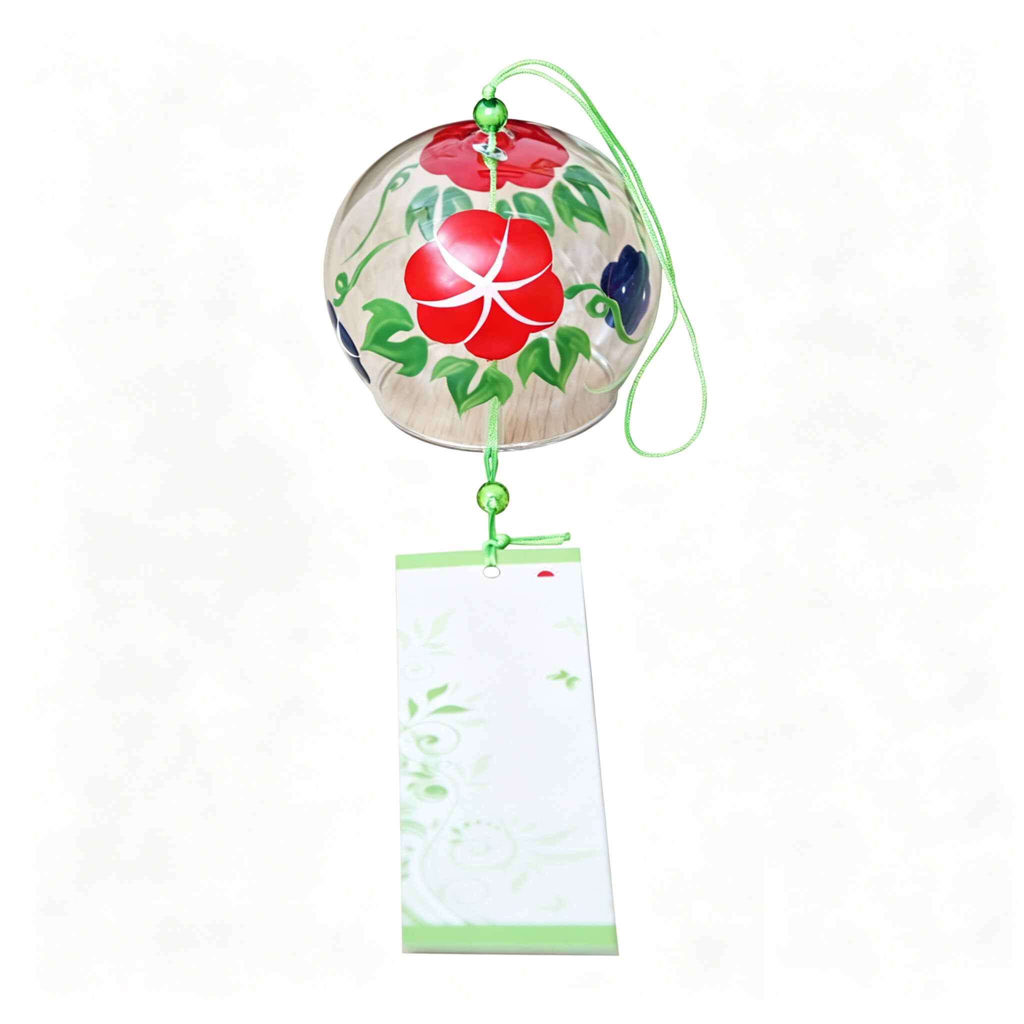 Front view of Acever morning glory glass wind chime X11 on white background showing red asagao blossom and cream morning glory paper strip