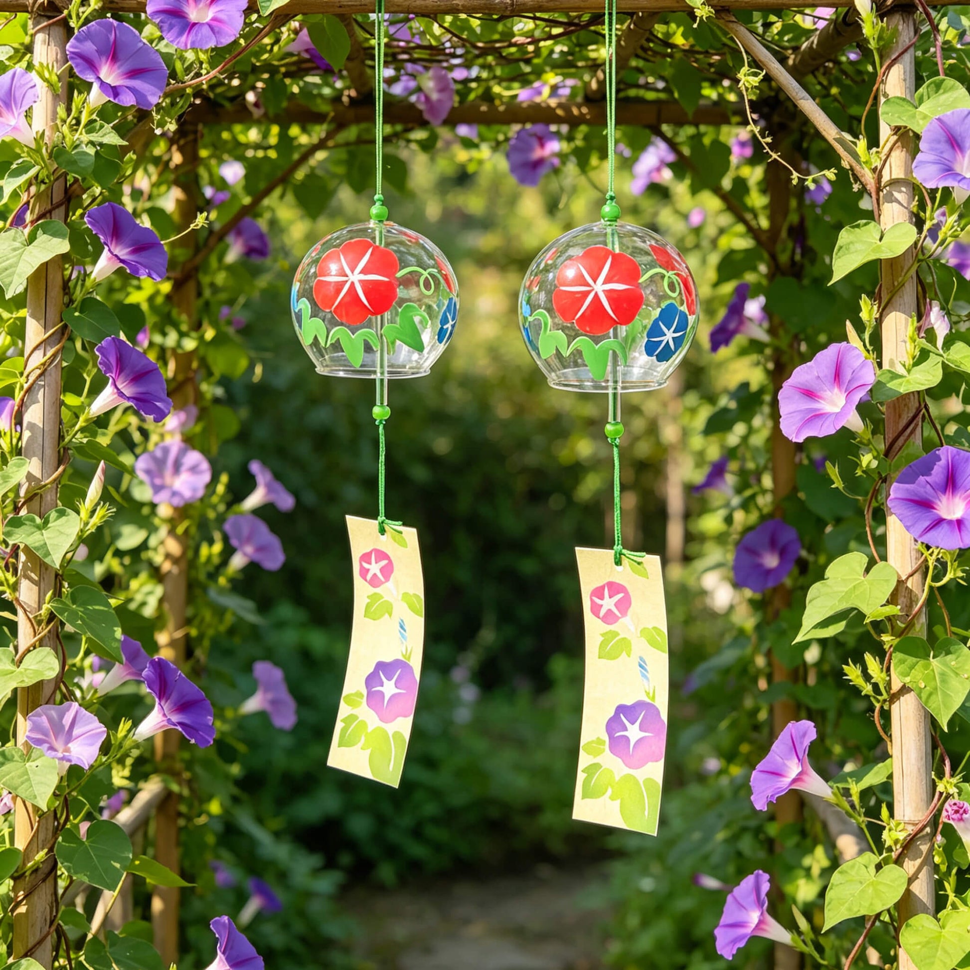 Acever morning glory glass wind chime X11 pair hanging from bamboo trellis surrounded by purple morning glory flowers in summer garden