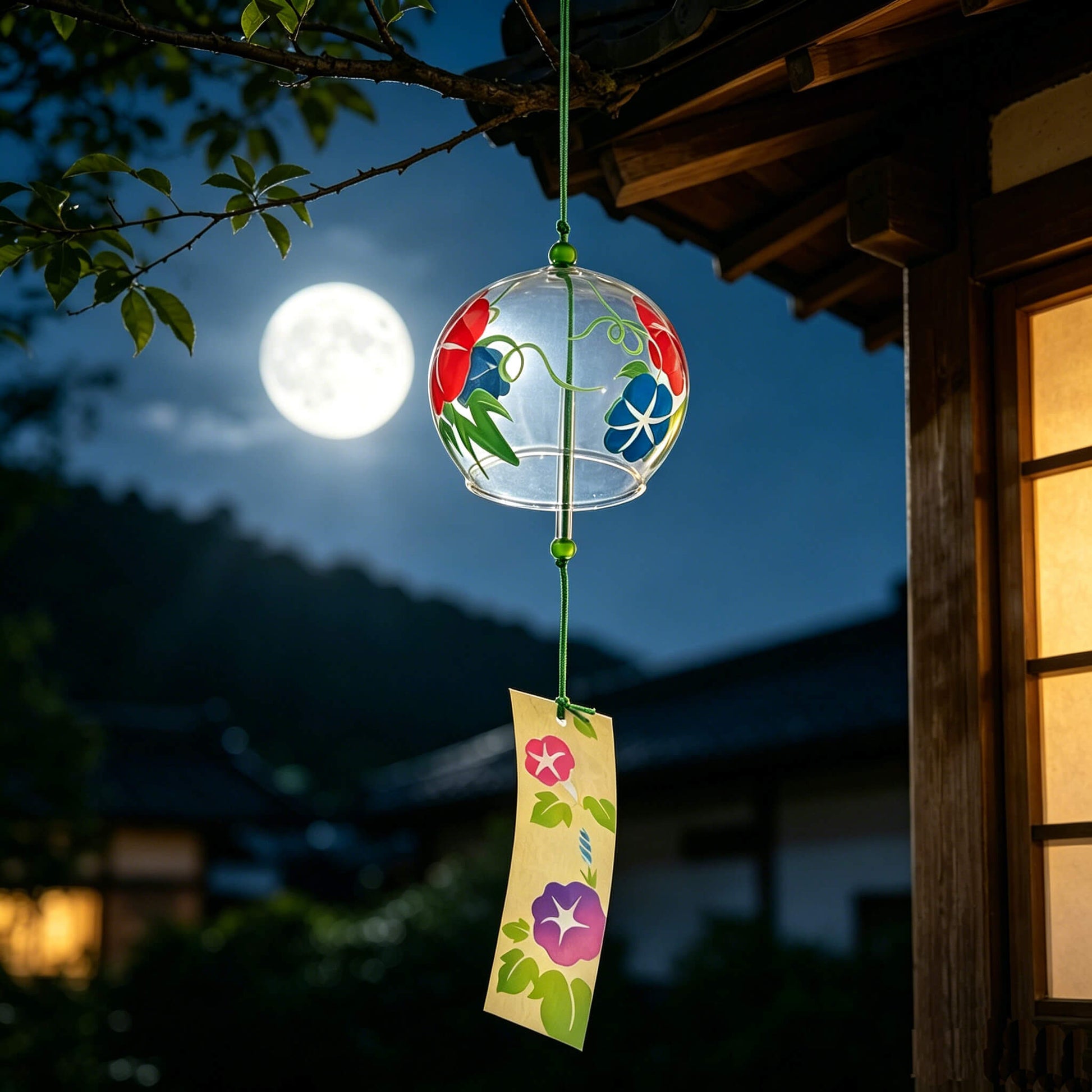 Acever morning glory glass wind chime X11 hanging from tree branch under full moon at night with traditional Japanese house in background