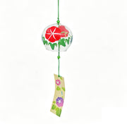 Acever morning glory glass wind chime X11 hanging on white background showing full length with red asagao globe and cream morning glory paper strip