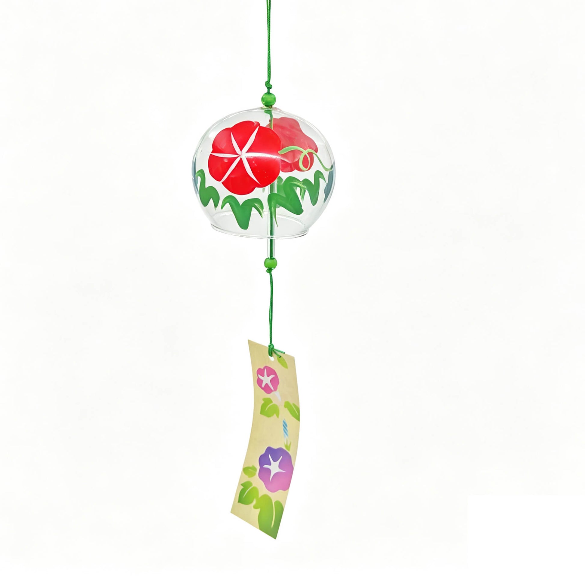 Acever morning glory glass wind chime X11 hanging on white background showing full length with red asagao globe and cream morning glory paper strip