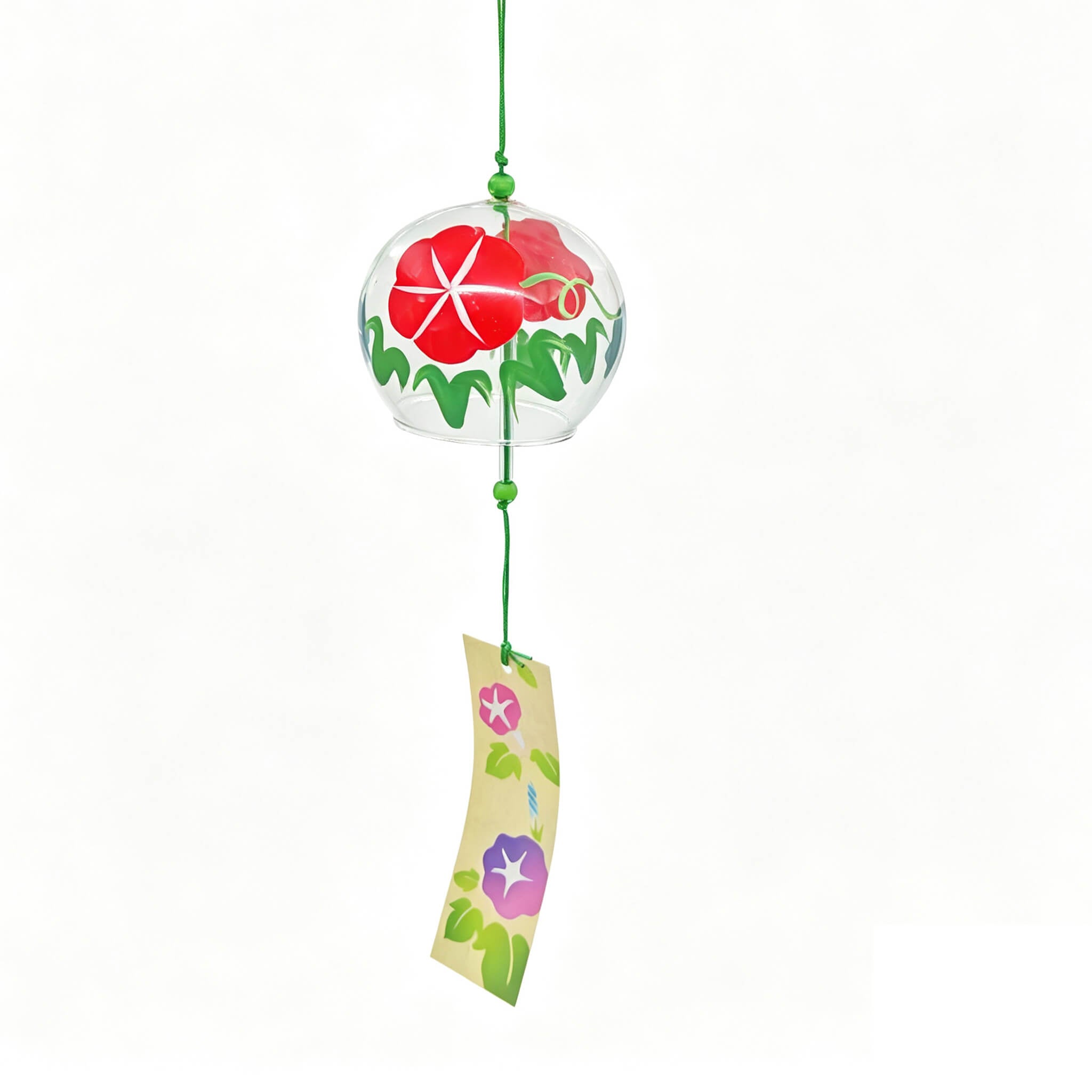 Acever morning glory glass wind chime X11 hanging on white background showing full length with red asagao globe and cream morning glory paper strip