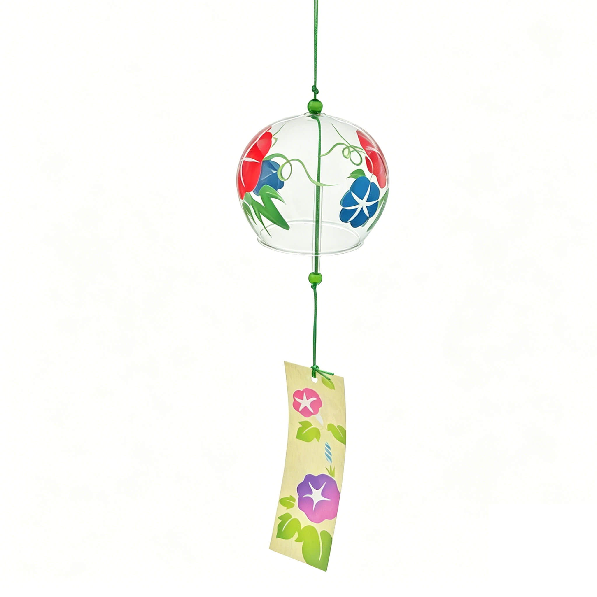 Side view of Acever morning glory glass wind chime X11 on white background showing red and blue asagao blossoms with green vines and cream paper strip