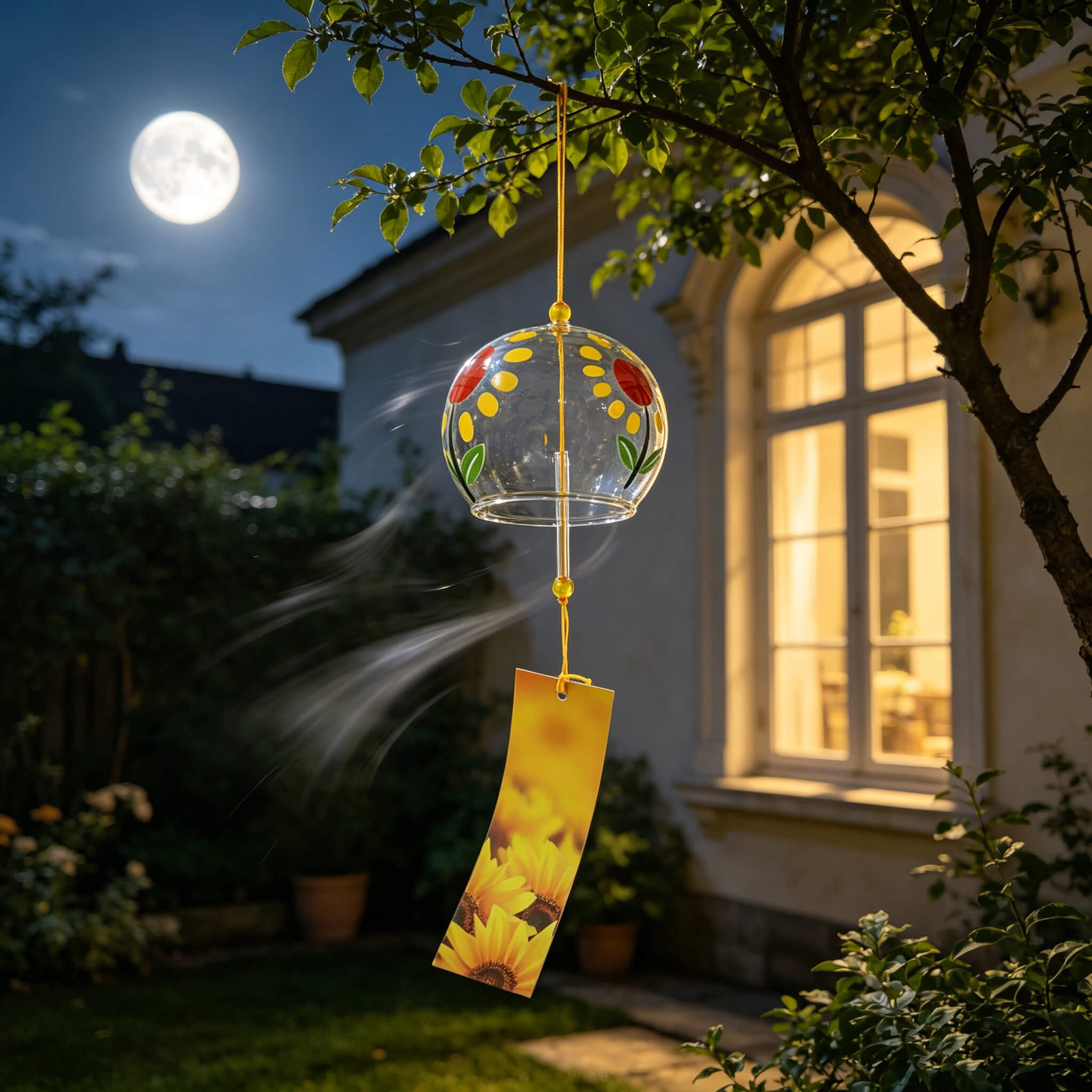 Acever sunflower glass wind chime X13 hanging from tree branch at night under full moon with golden sunflower paper strip swaying in breeze