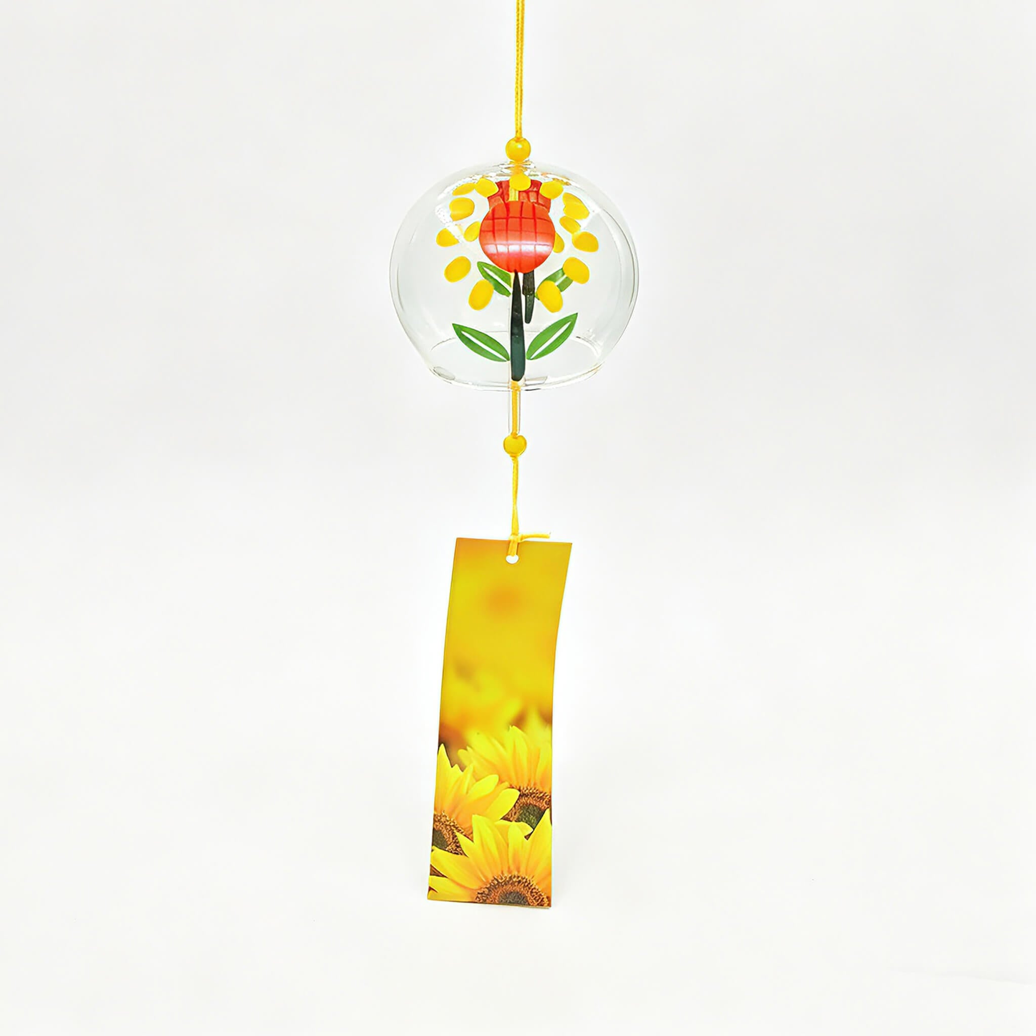 Main product shot of Acever Japanese furin glass wind chime X13 with sunflower design on clear flat-rim globe and golden sunflower photo paper strip on white background
