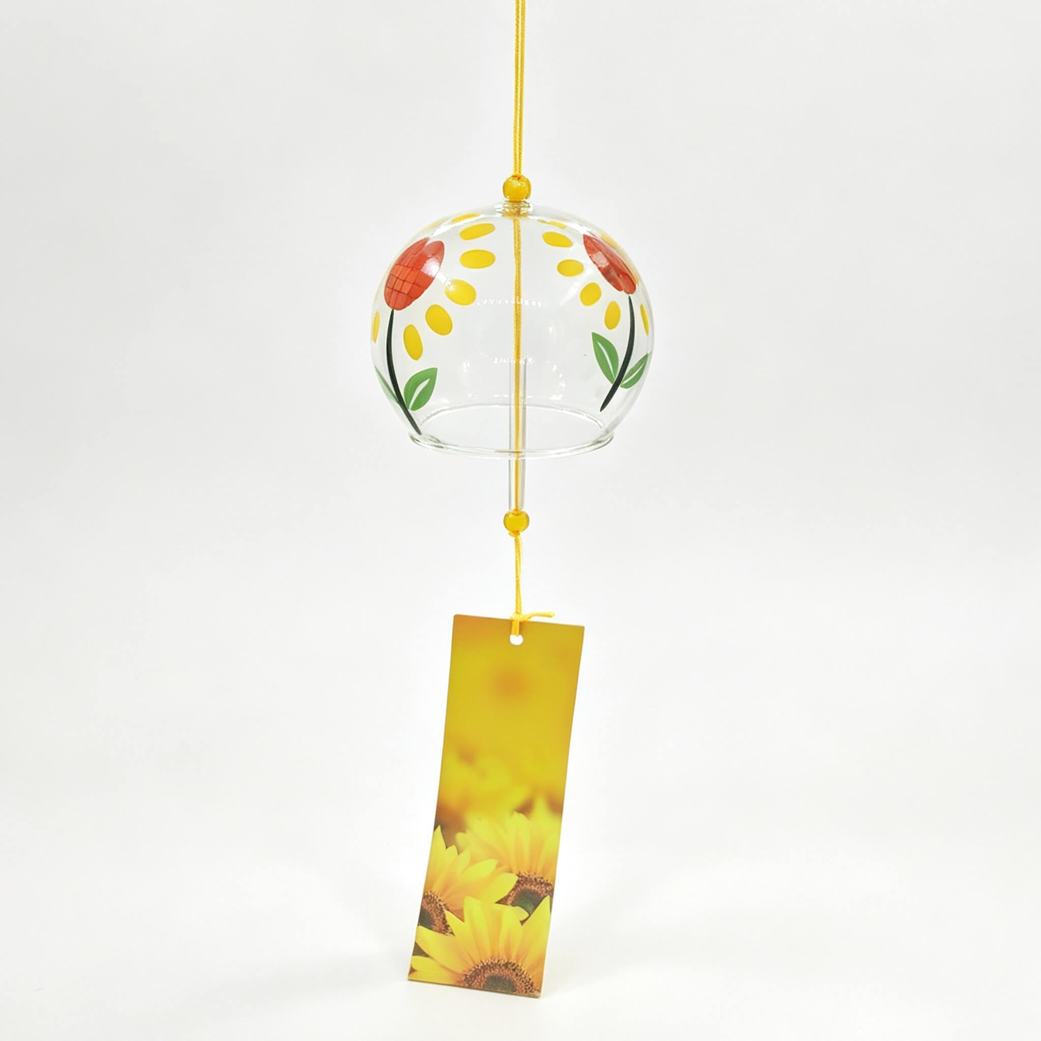 Acever sunflower glass wind chime X13 hanging on white background showing side view with golden petals and sunflower photo paper strip