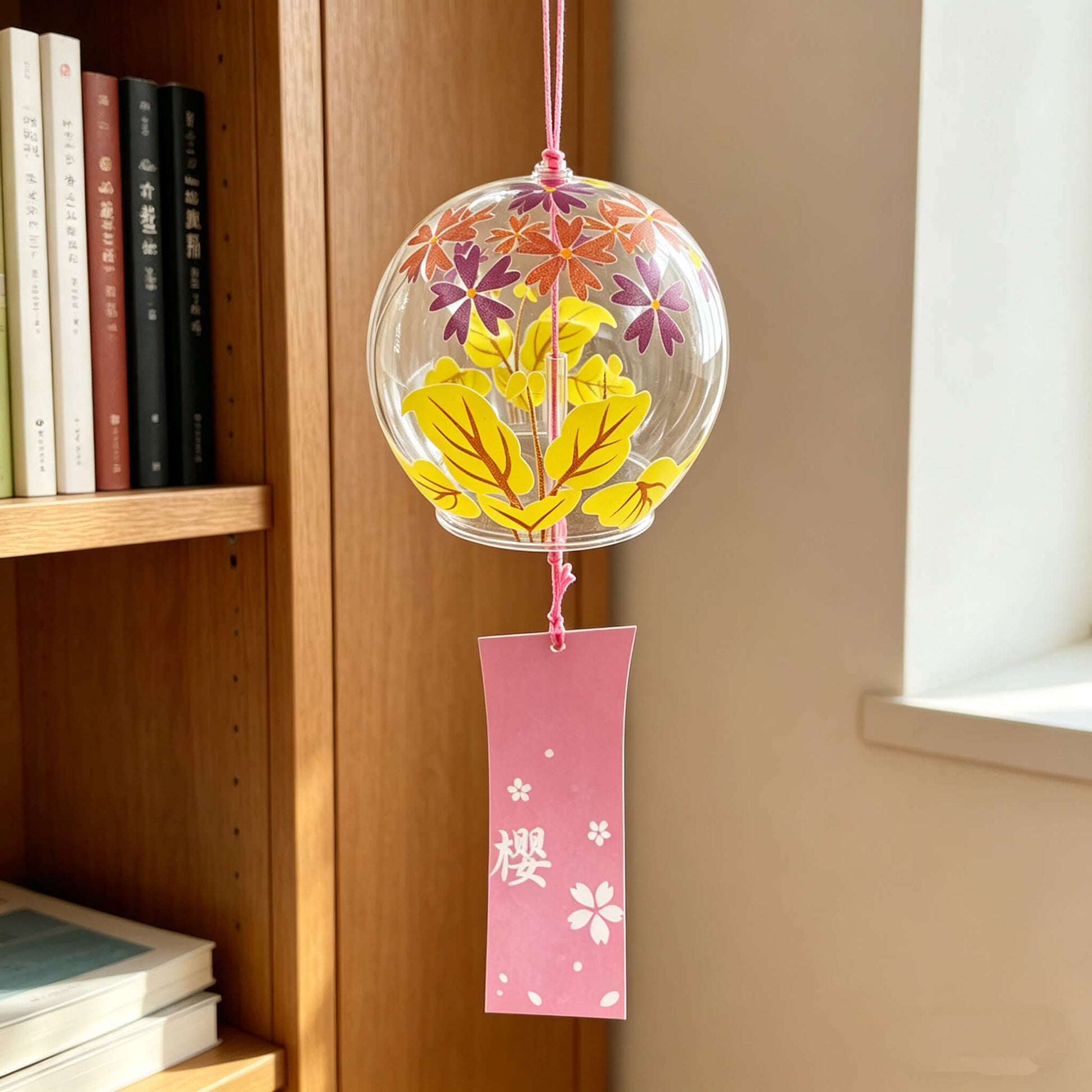 Acever autumn maple and sakura glass wind chime X14 hanging in modern bookshelf interior showing full length with pink sakura paper strip