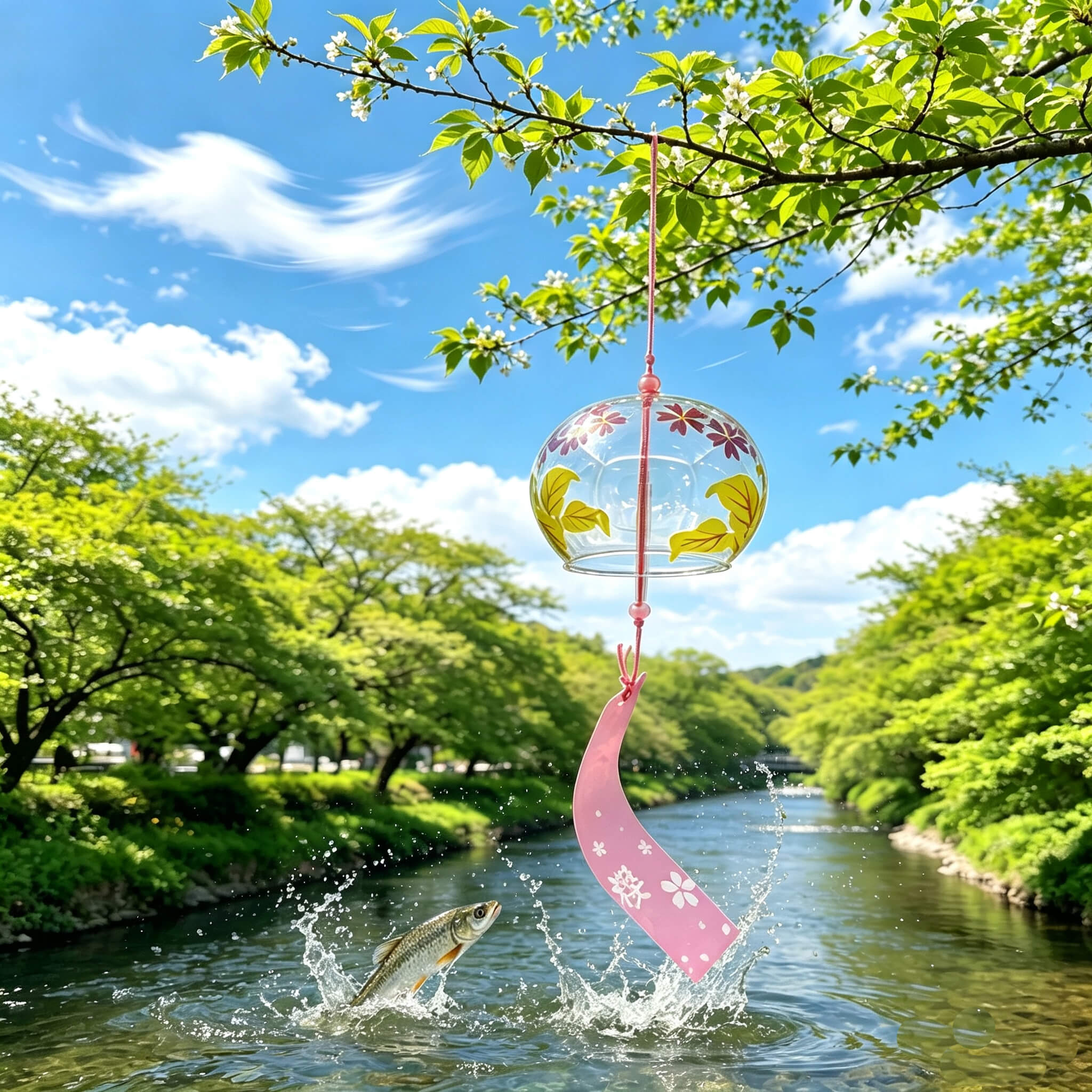 Acever autumn maple and sakura glass wind chime X14 hanging from cherry tree branch over river in spring with pink sakura paper strip swaying