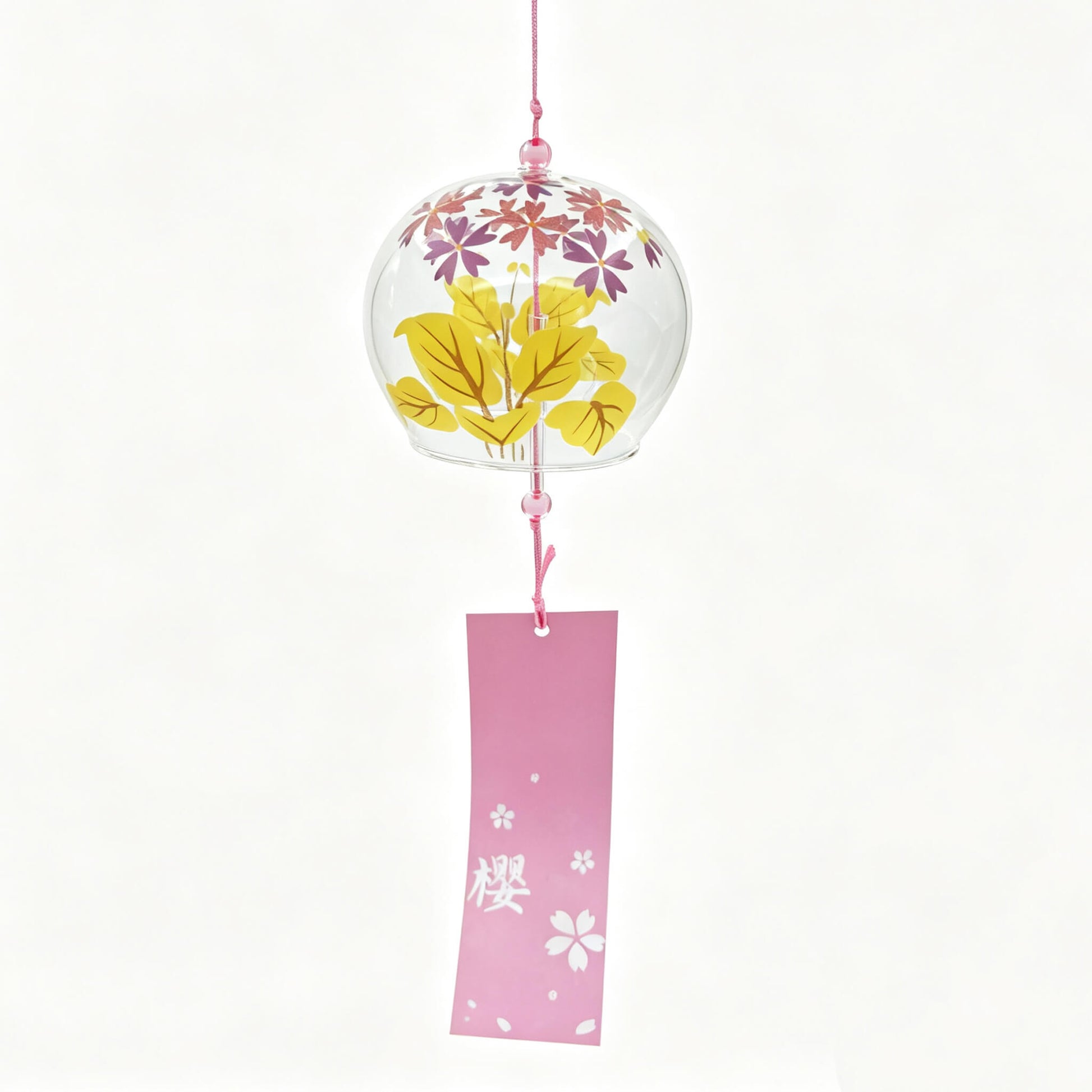 Main product shot of Acever Japanese furin glass wind chime X14 with golden maple leaves and purple star blossoms on clear globe and pink sakura paper strip on white background