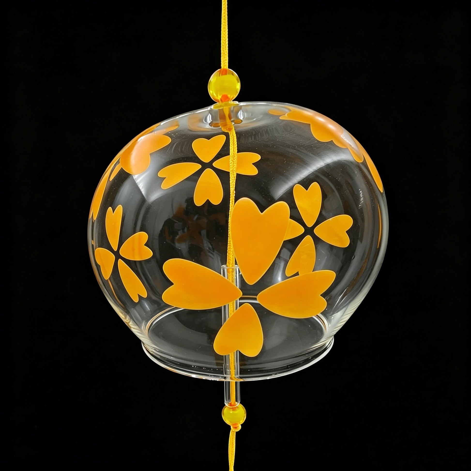 Detail shot of Acever golden heart-petal flower glass wind chime X15 on white background showing full length with clear globe, golden heart flowers, and sunflower photo paper strip