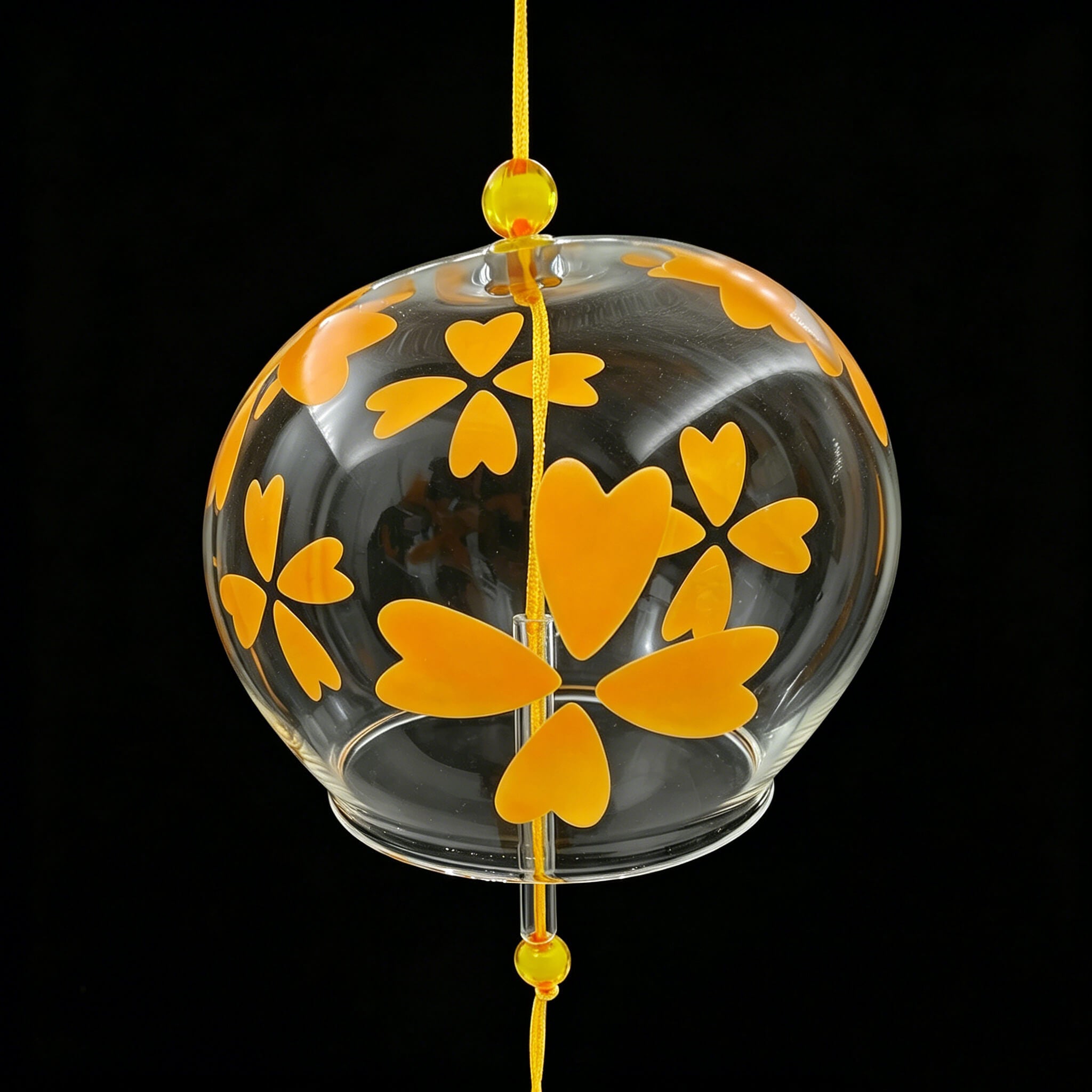 Detail shot of Acever golden heart-petal flower glass wind chime X15 on white background showing full length with clear globe, golden heart flowers, and sunflower photo paper strip