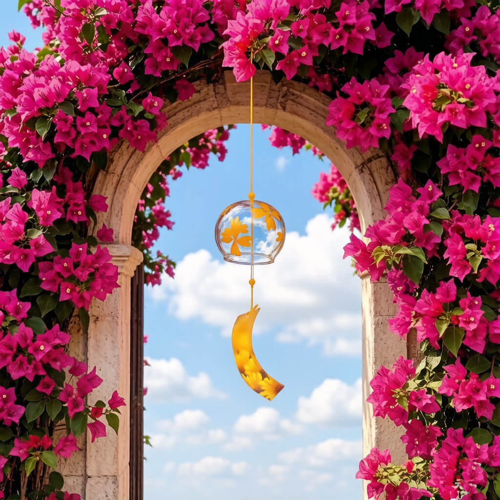 Acever golden heart-petal flower glass wind chime X15 hanging above clover field against blue sky with birds flying and sunflower photo paper strip