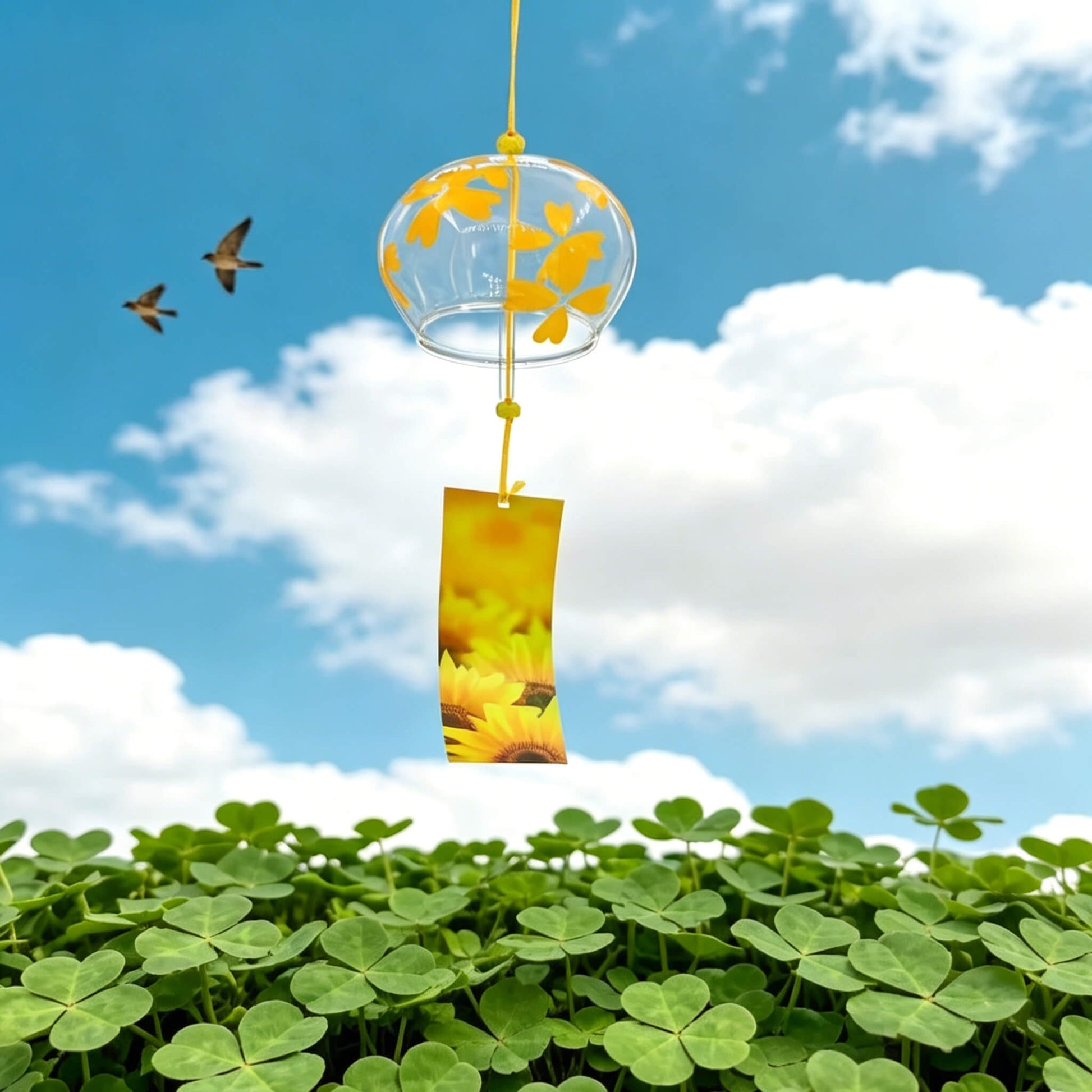 Acever golden heart-petal flower glass wind chime X15 on white background showing full length with golden heart-petal blossoms on clear globe and sunflower paper strip
