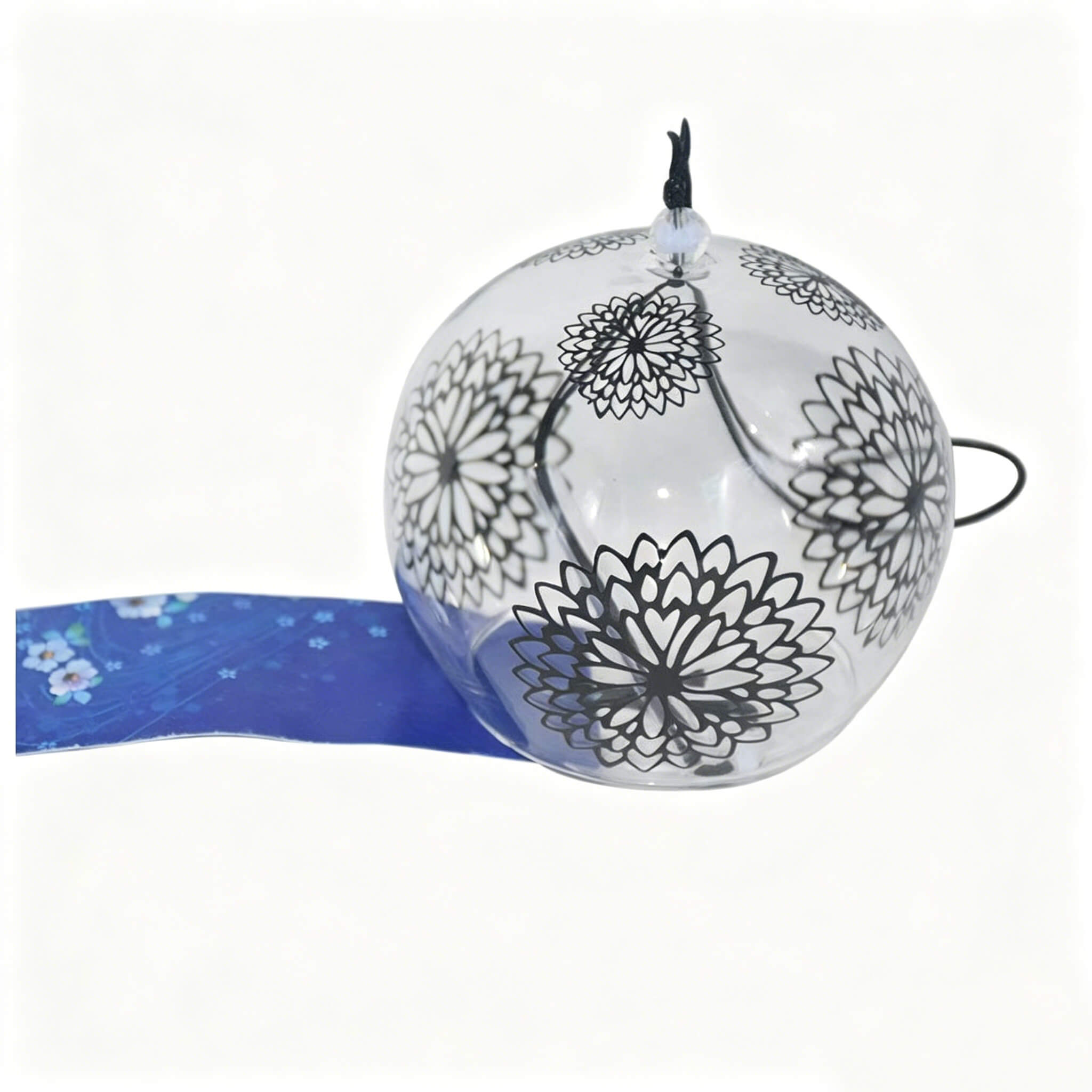 Acever black chrysanthemum mandala glass wind chime X17 resting on wooden rail showing flat-rim clear globe with bold black ink mandala and navy swirl paper strip