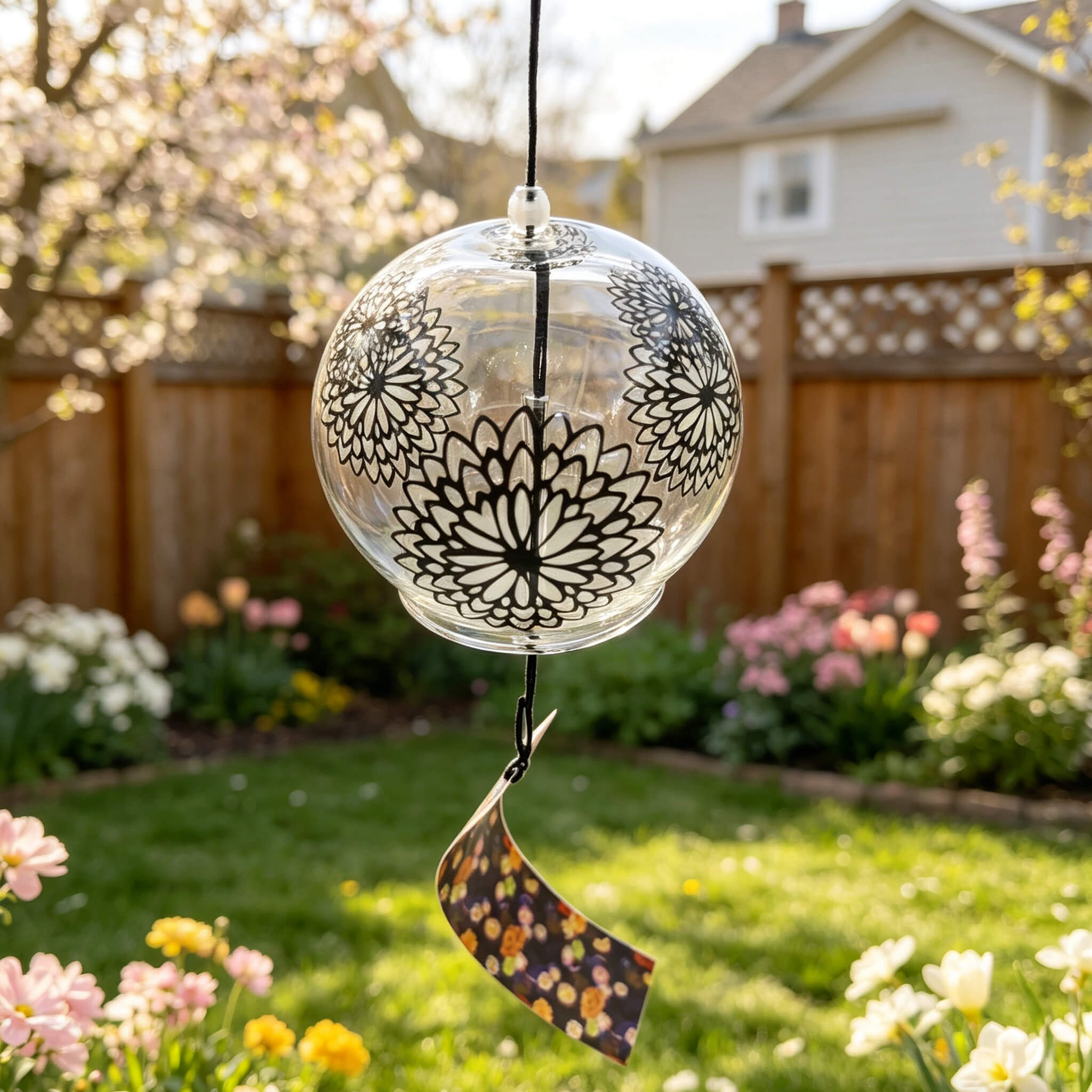 Acever black chrysanthemum mandala glass wind chime X17 hanging in snowy Christmas garden with festive lights and wildflower photo paper strip