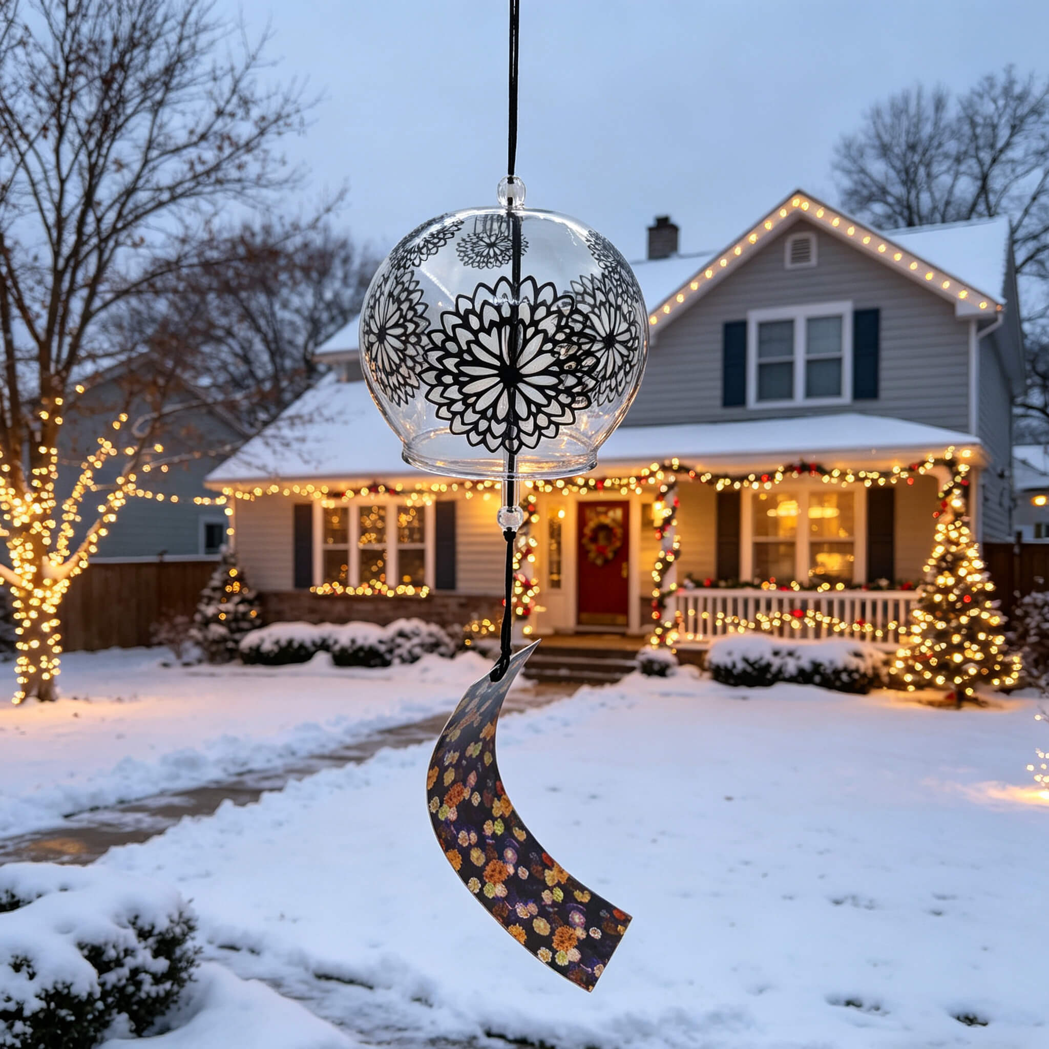Acever black chrysanthemum mandala glass wind chime X17 hanging in spring garden with blooming flowers and wildflower photo paper strip swaying in breeze